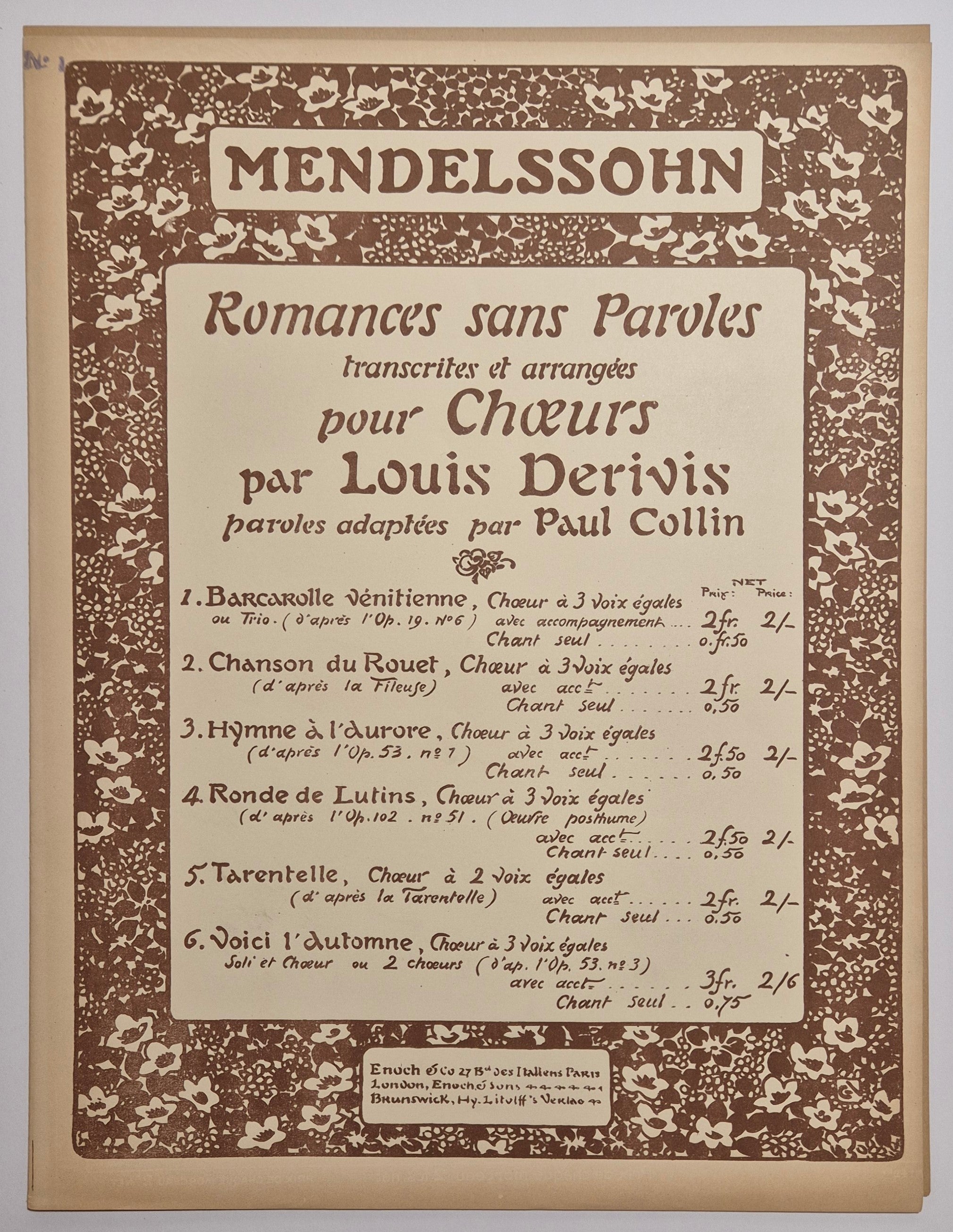 Romances sans paroles, transcrites et arrangées pour Chœurs par Louis Derivis (n°1, Barcarolle vénitienne).