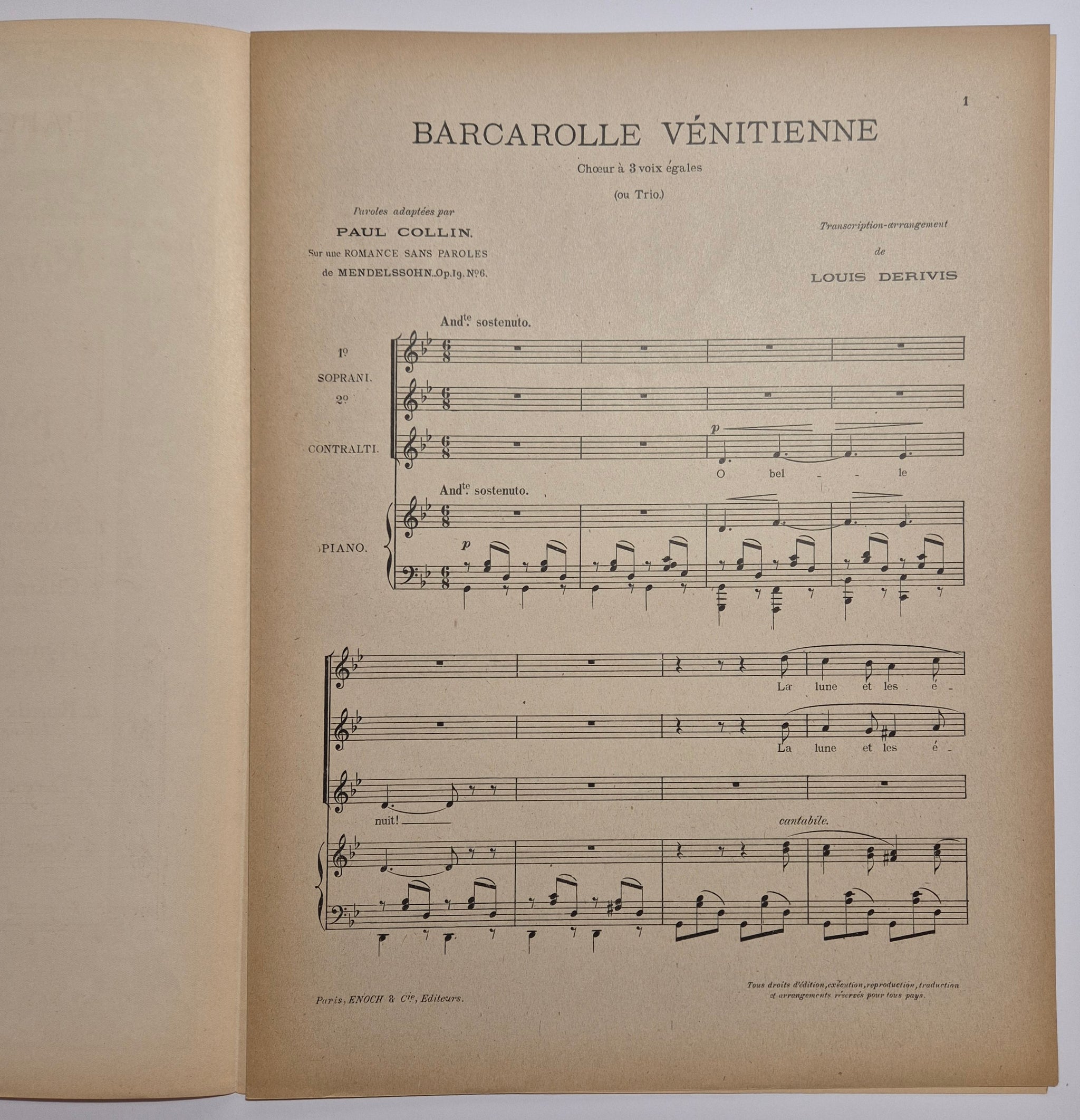 Romances sans paroles, transcrites et arrangées pour Chœurs par Louis Derivis (n°1, Barcarolle vénitienne).