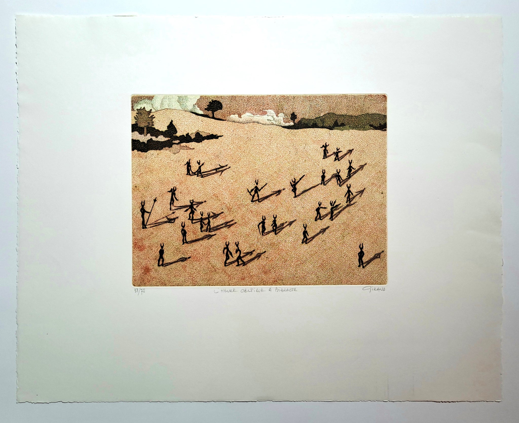 GIRAUD Michel. L'heure celtique à Bibracte. Gravure en couleurs, signée.