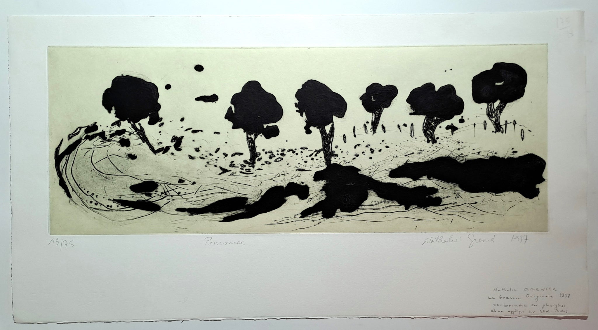 GRENIER Nathalie. Pommiers. Gravure en couleurs signée.