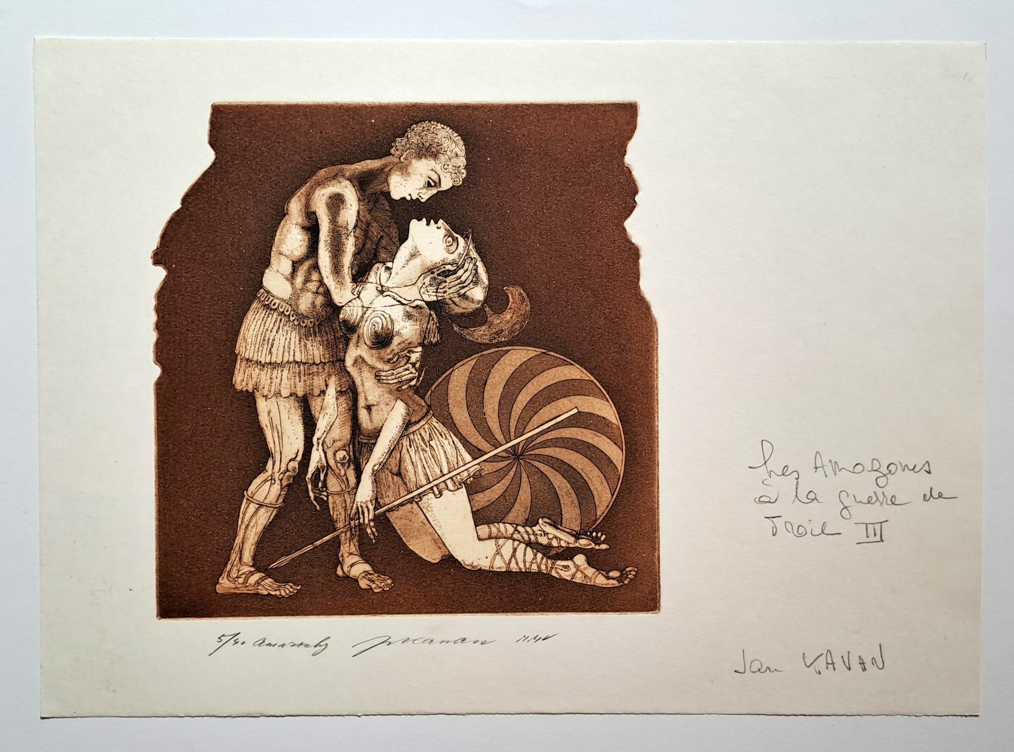 KAVAN Jan. Les Amazones à la guerre de Troie. Gravure en couleurs, signée.