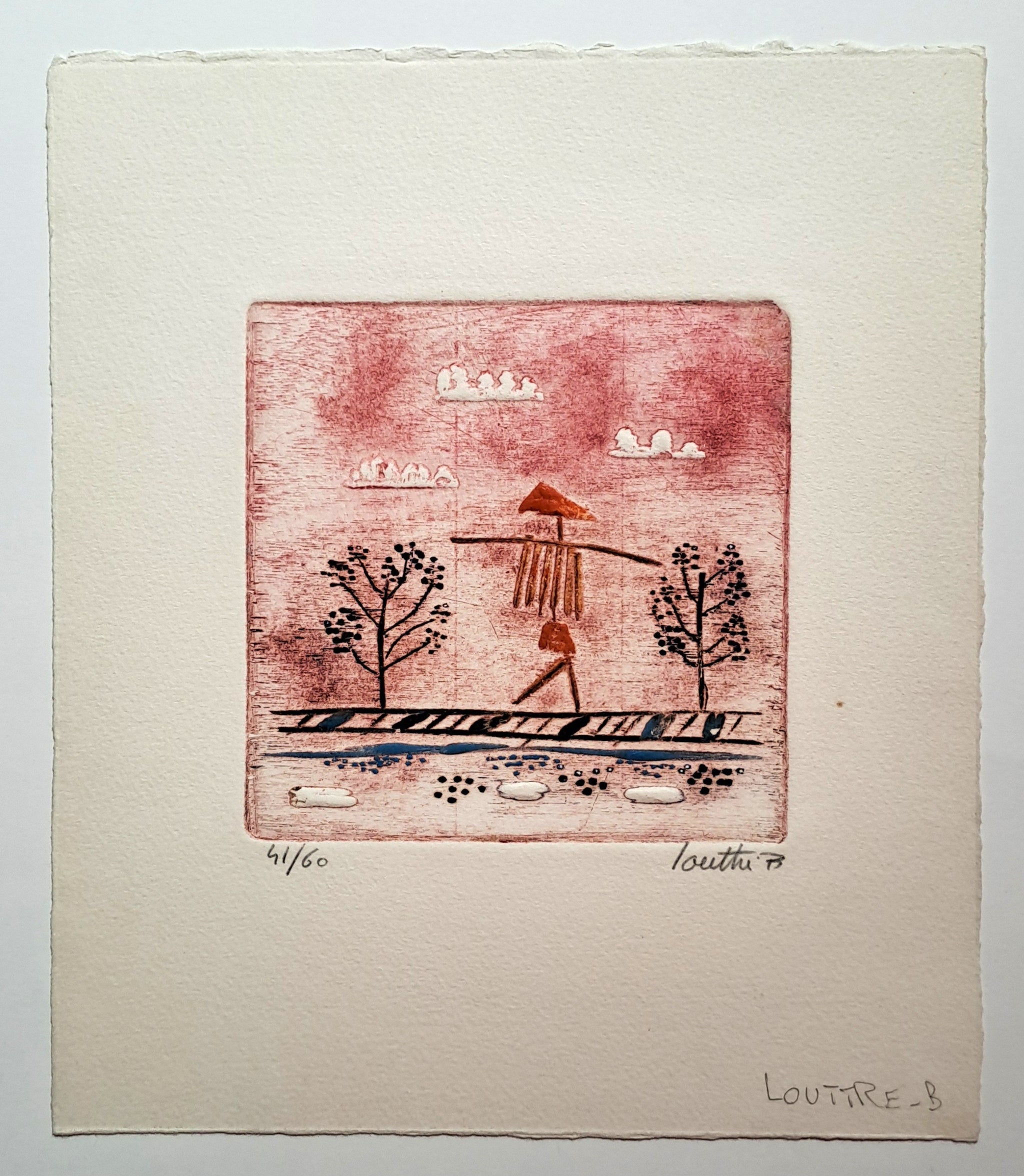 LOUTTRE B. Faire peur aux oiseaux. Gravure en couleurs signée.