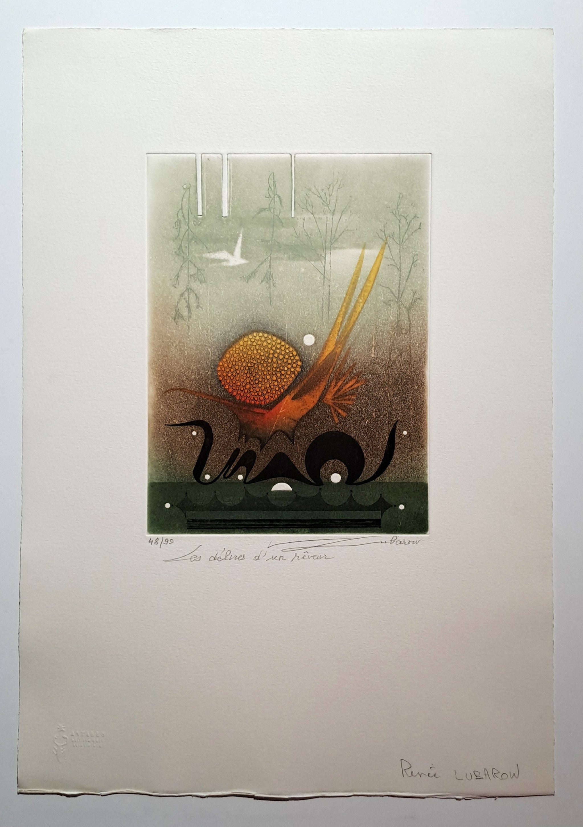 LUBAROW Renée. Les délires d'un rêveur. Gravure en couleurs signée.