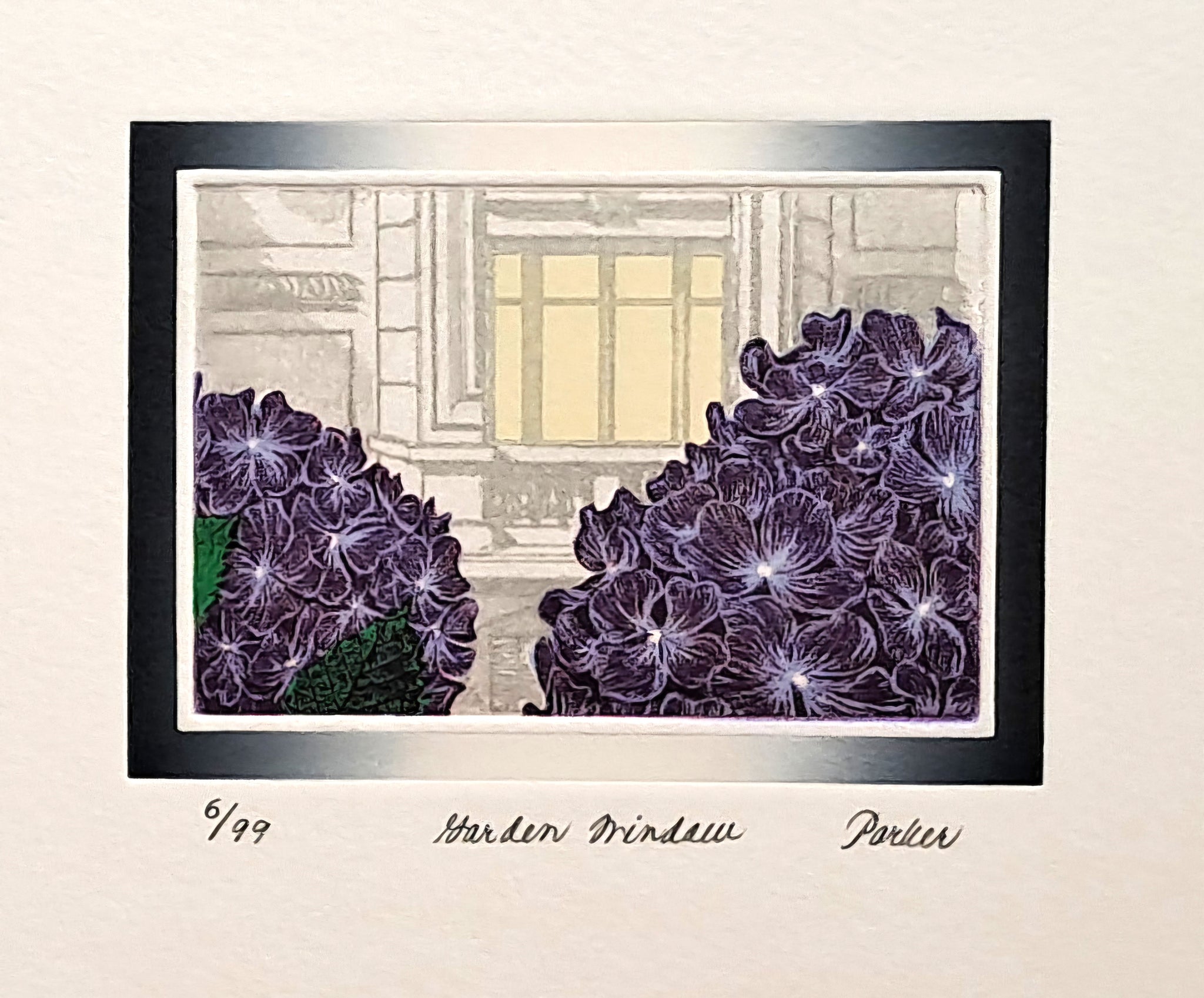 PARKER Karen. Garden window. Estampe en couleurs signée.