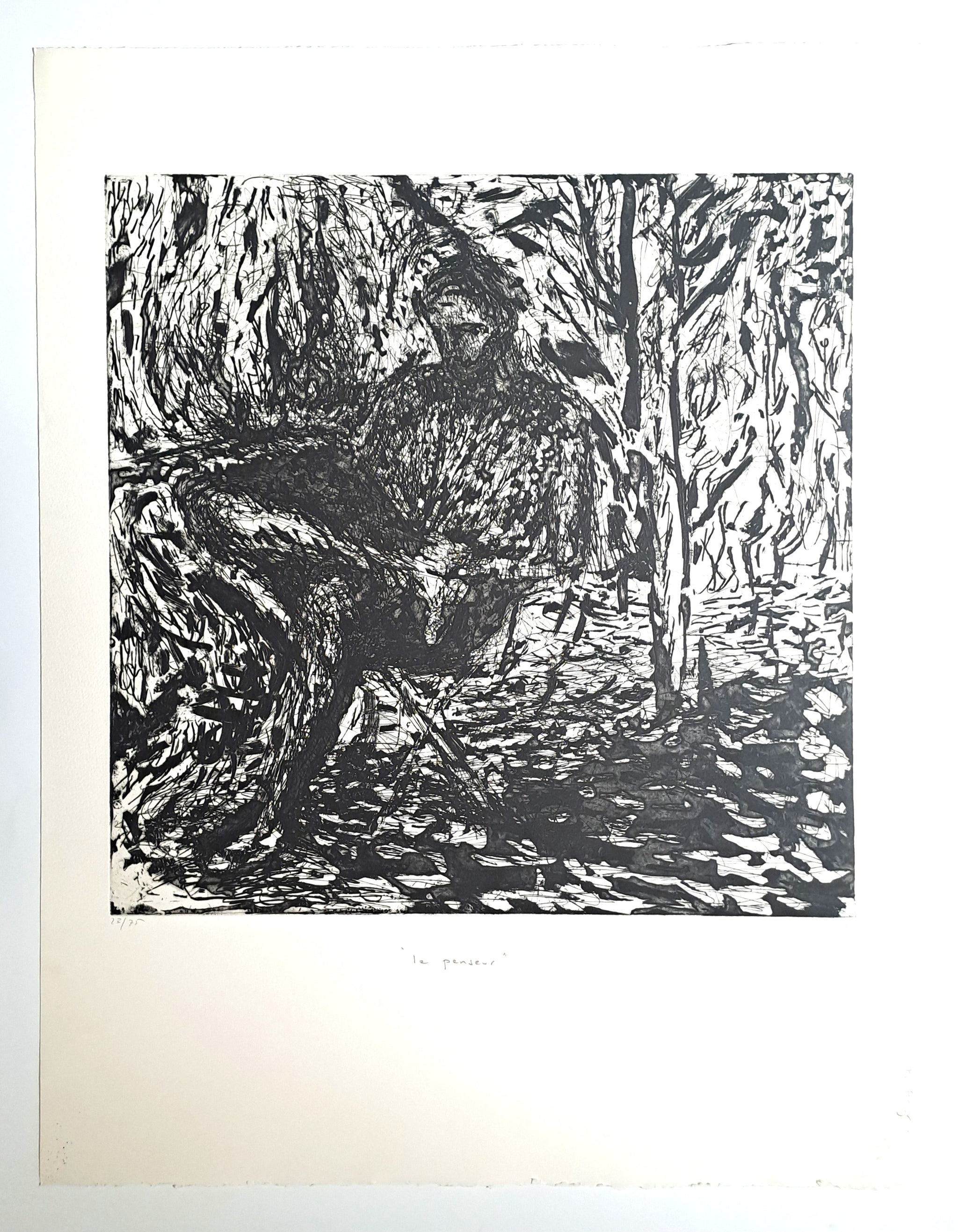 PASZKO Malgorzata. Le penseur. Estampe signée.