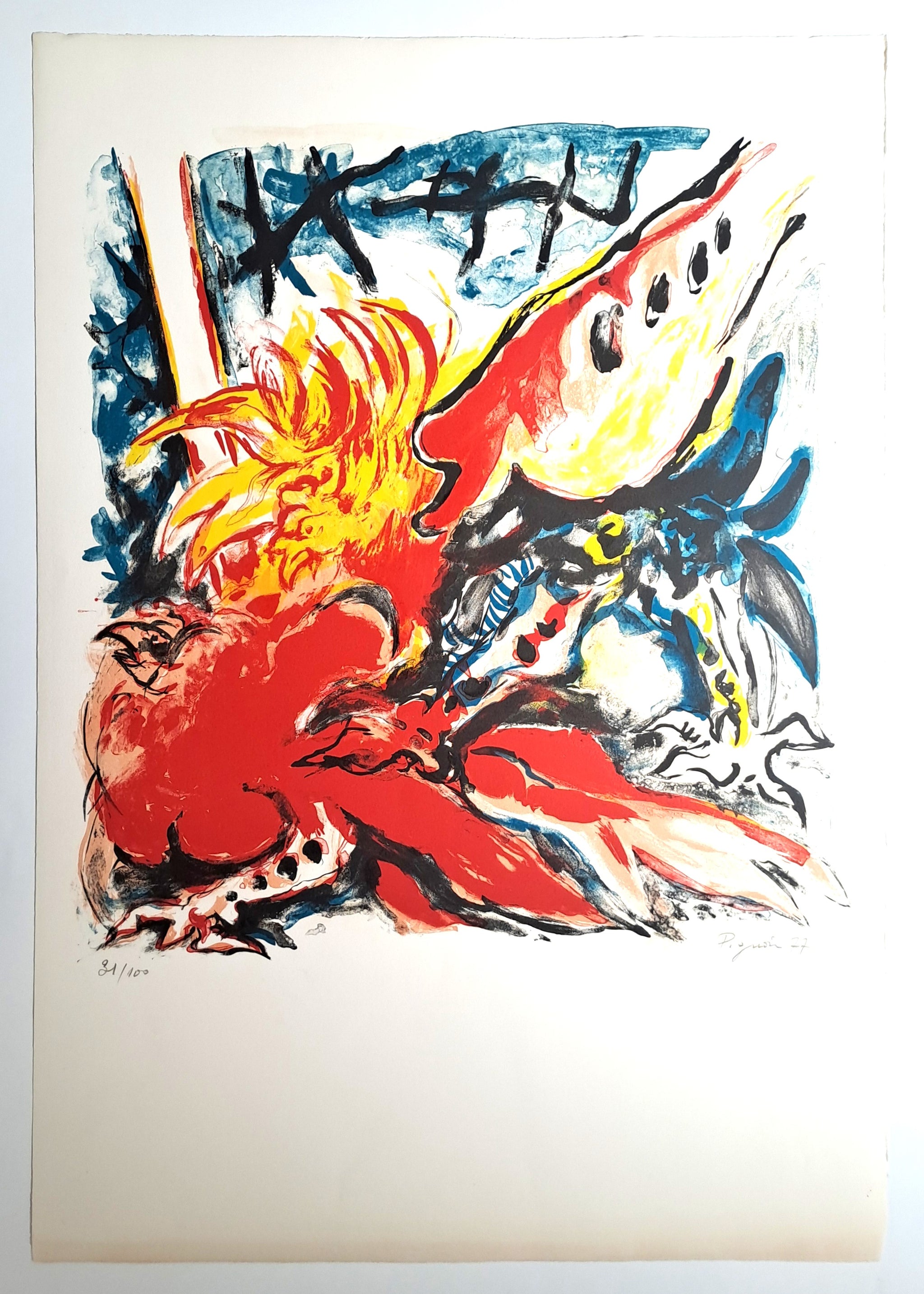 PIGNON Edouard. La fureur animale. Estampe en couleurs signée.