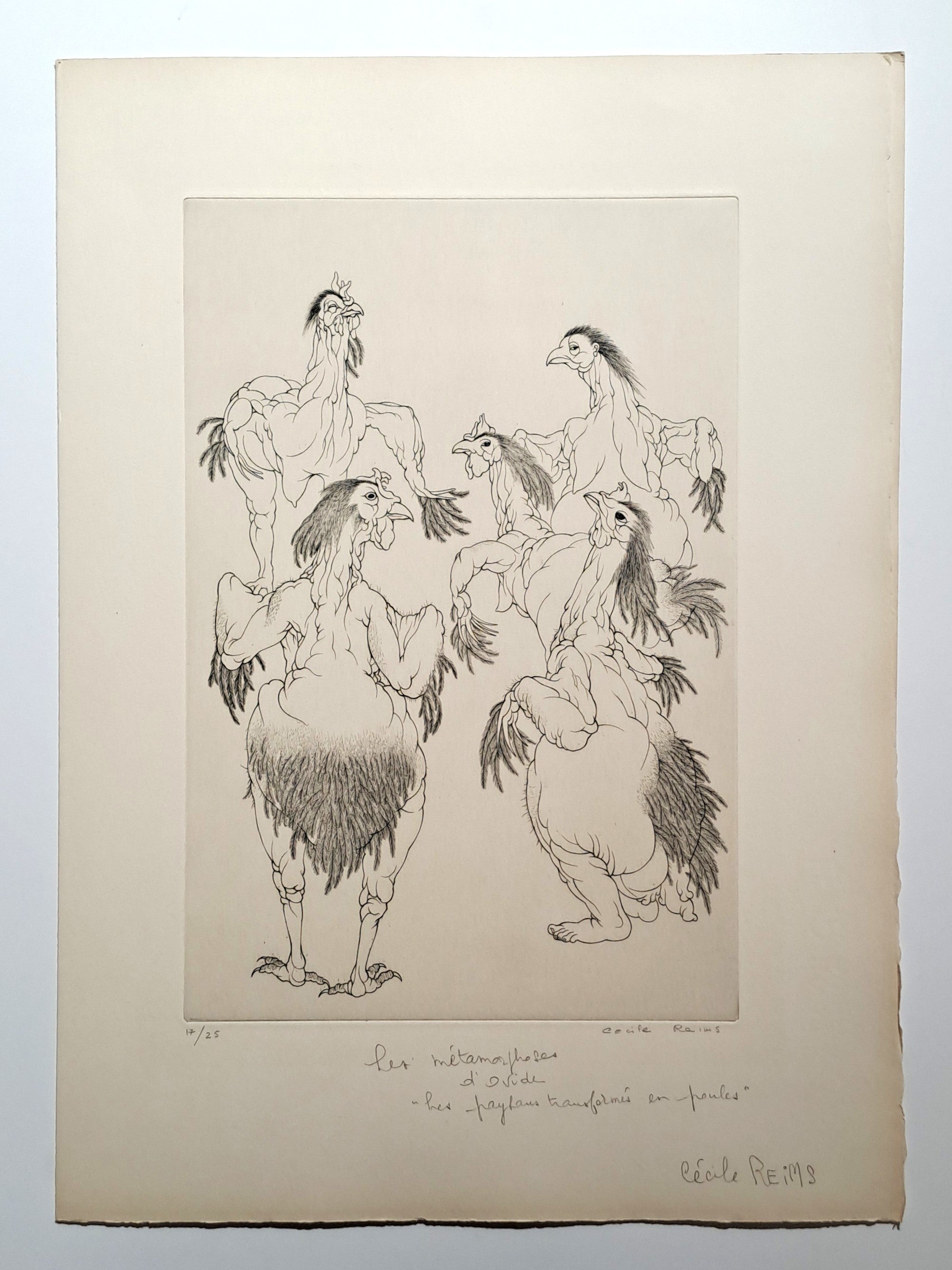 Cécile REIMS. Les paysans transformés. Gravure signée.