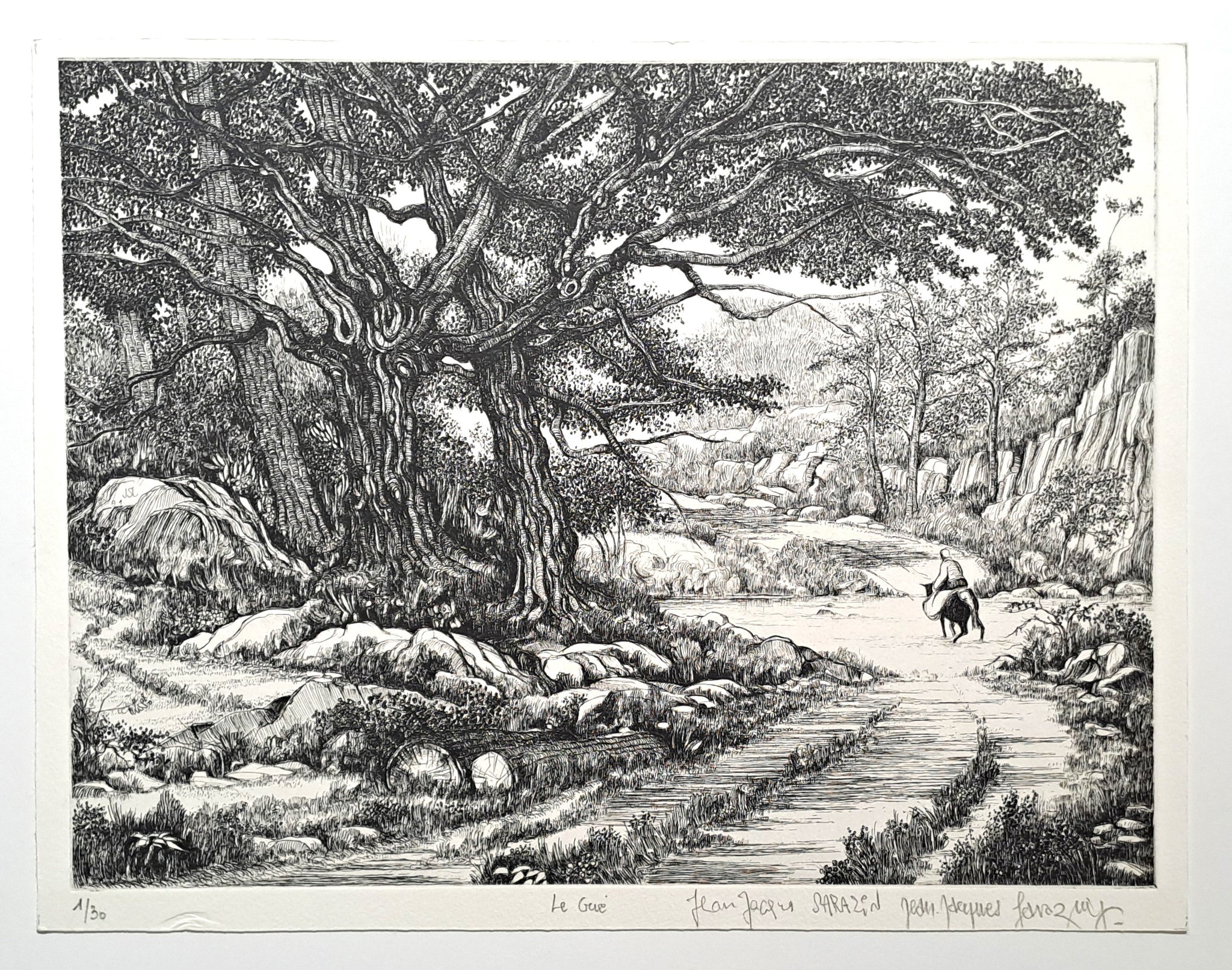 SARAZIN Jean Jacques. Le gué. Gravure signée.