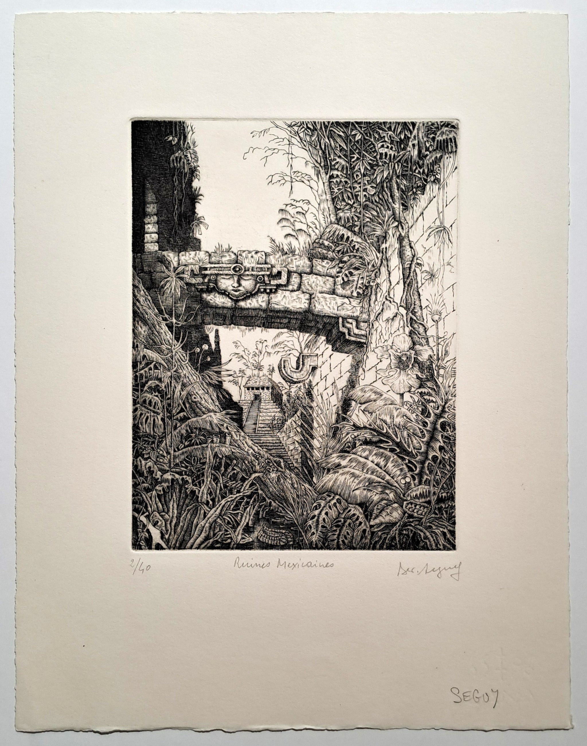 SEGUY Bertrand. Ruines mexicaines. Gravure signée.