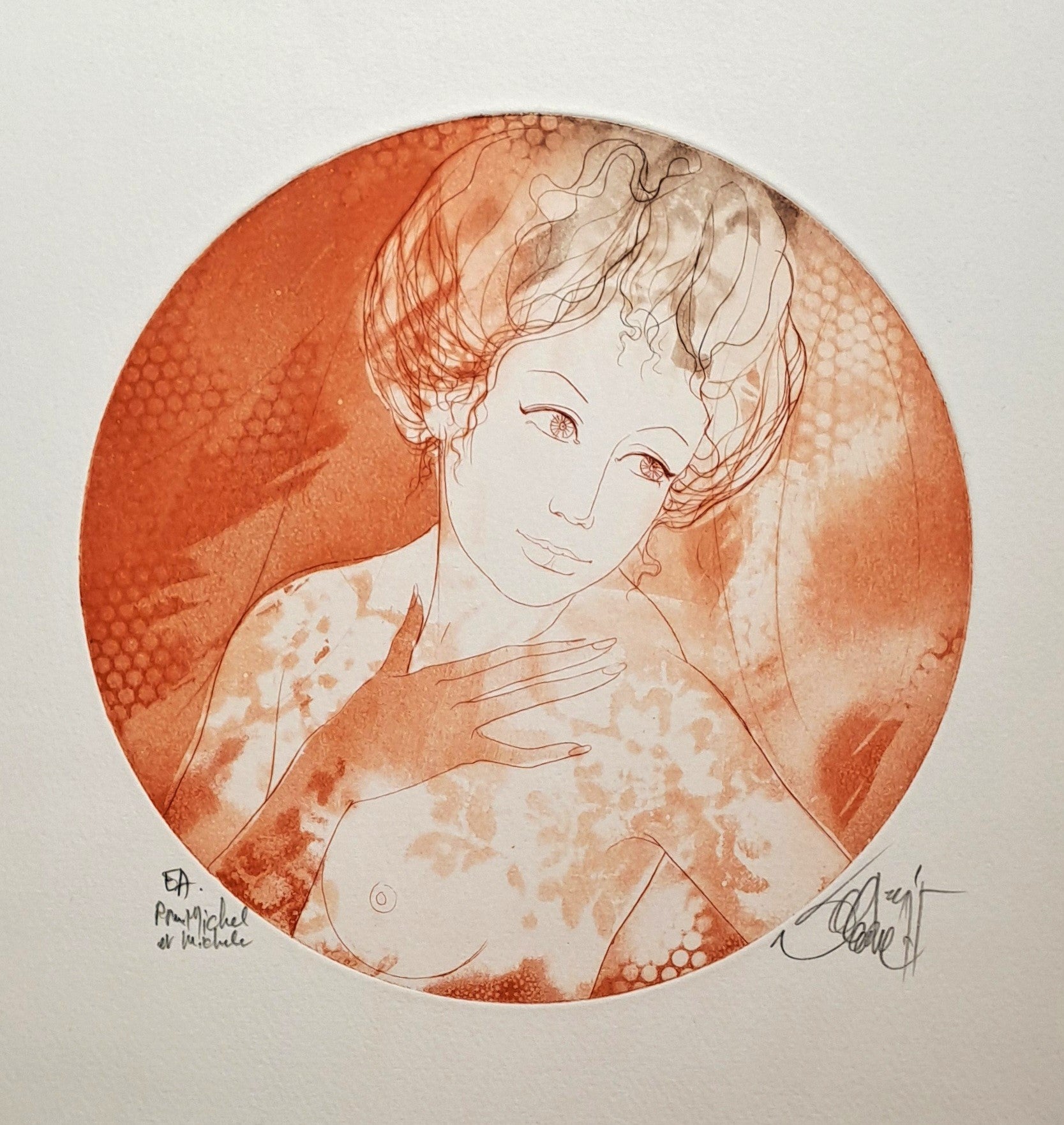 VALADIÉ Jean-Baptiste. Buste de femme Gravure en couleurs signée.