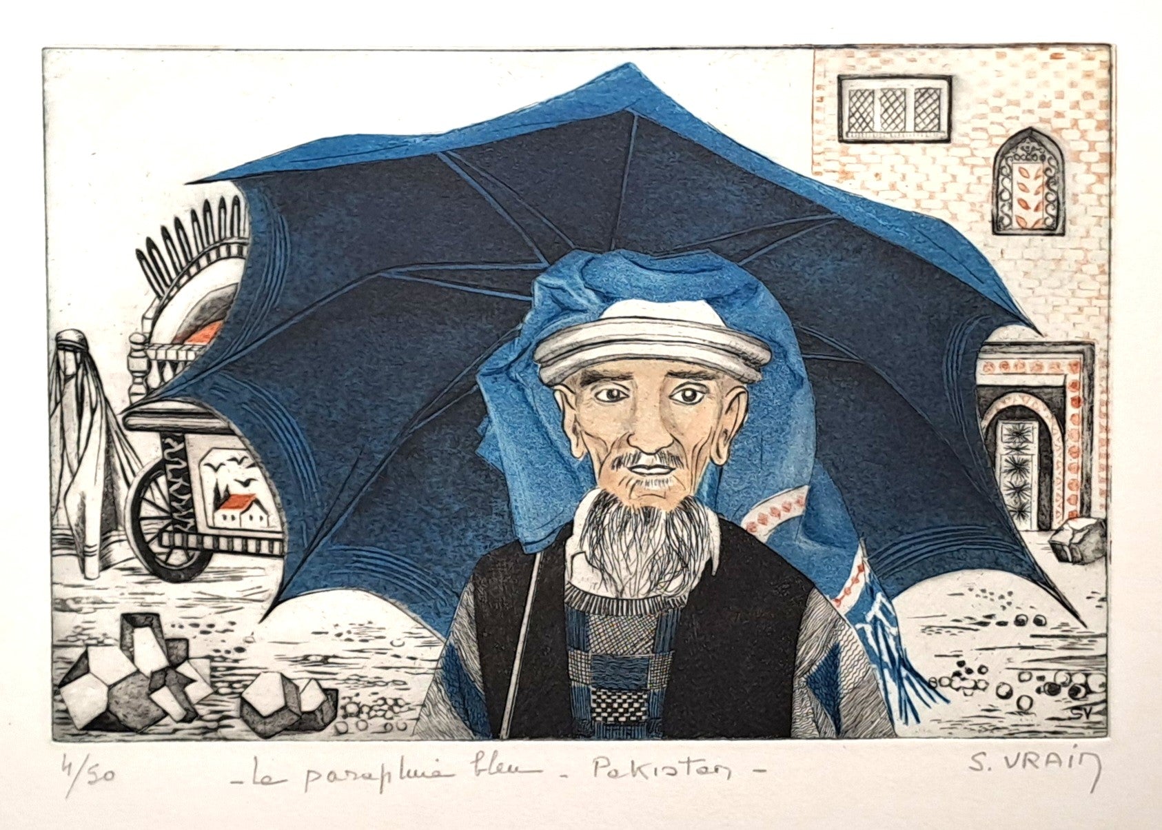 VRAIN Simone Le parapluie bleu. Gravure en couleurs.