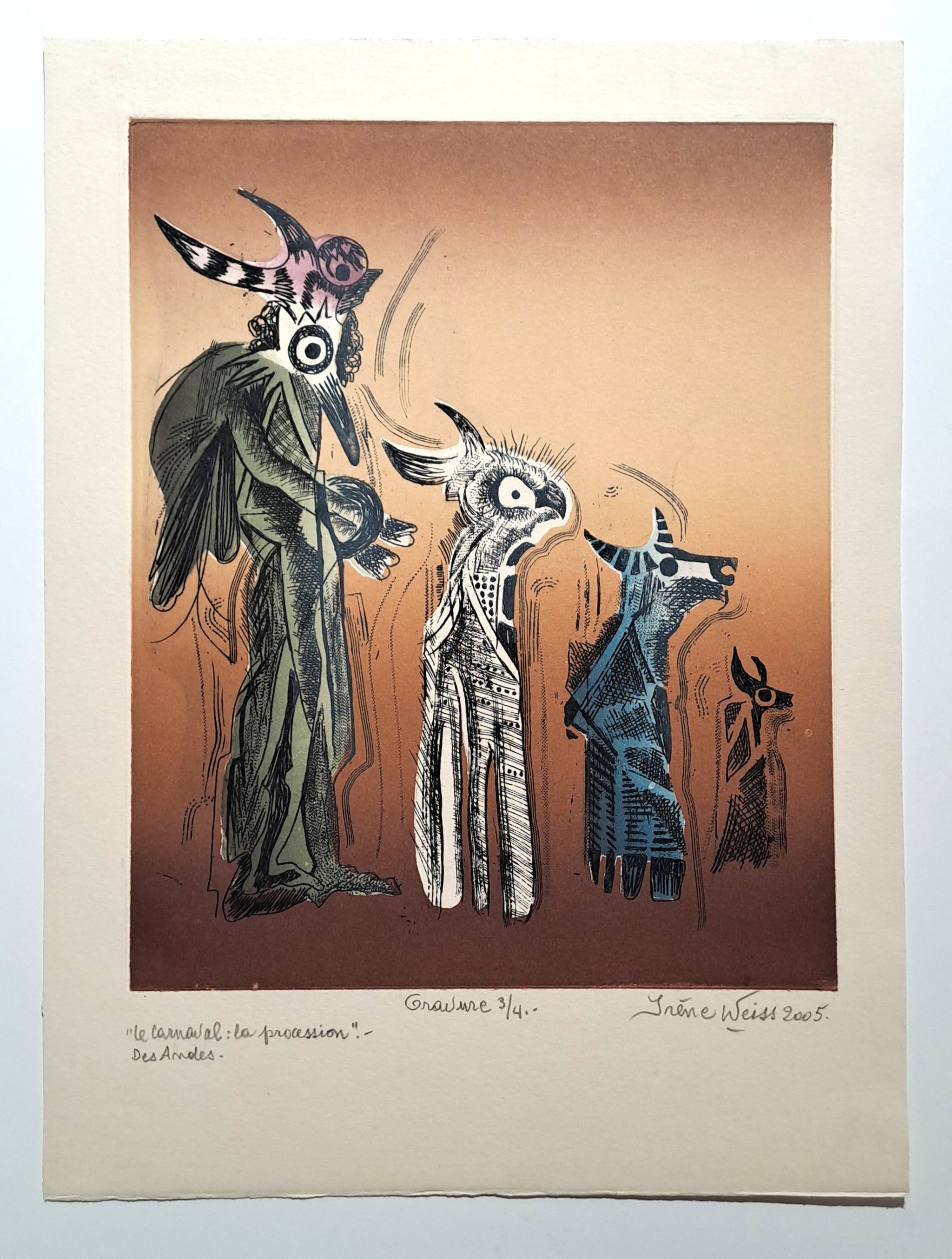 WEISS Irène Le carnaval des Andes. Gravure en couleurs.