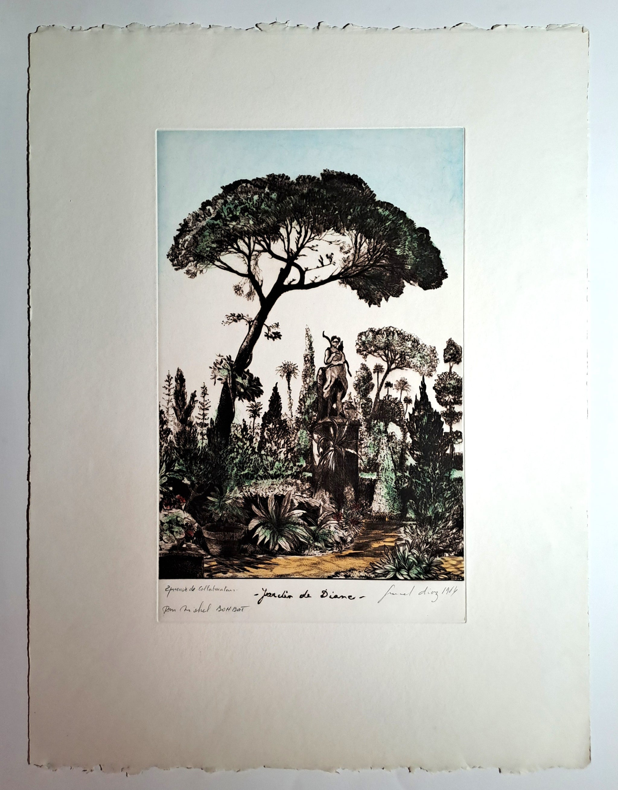 DIAZ Gérard. Jardin de Diane. Gravure en couleurs signée.