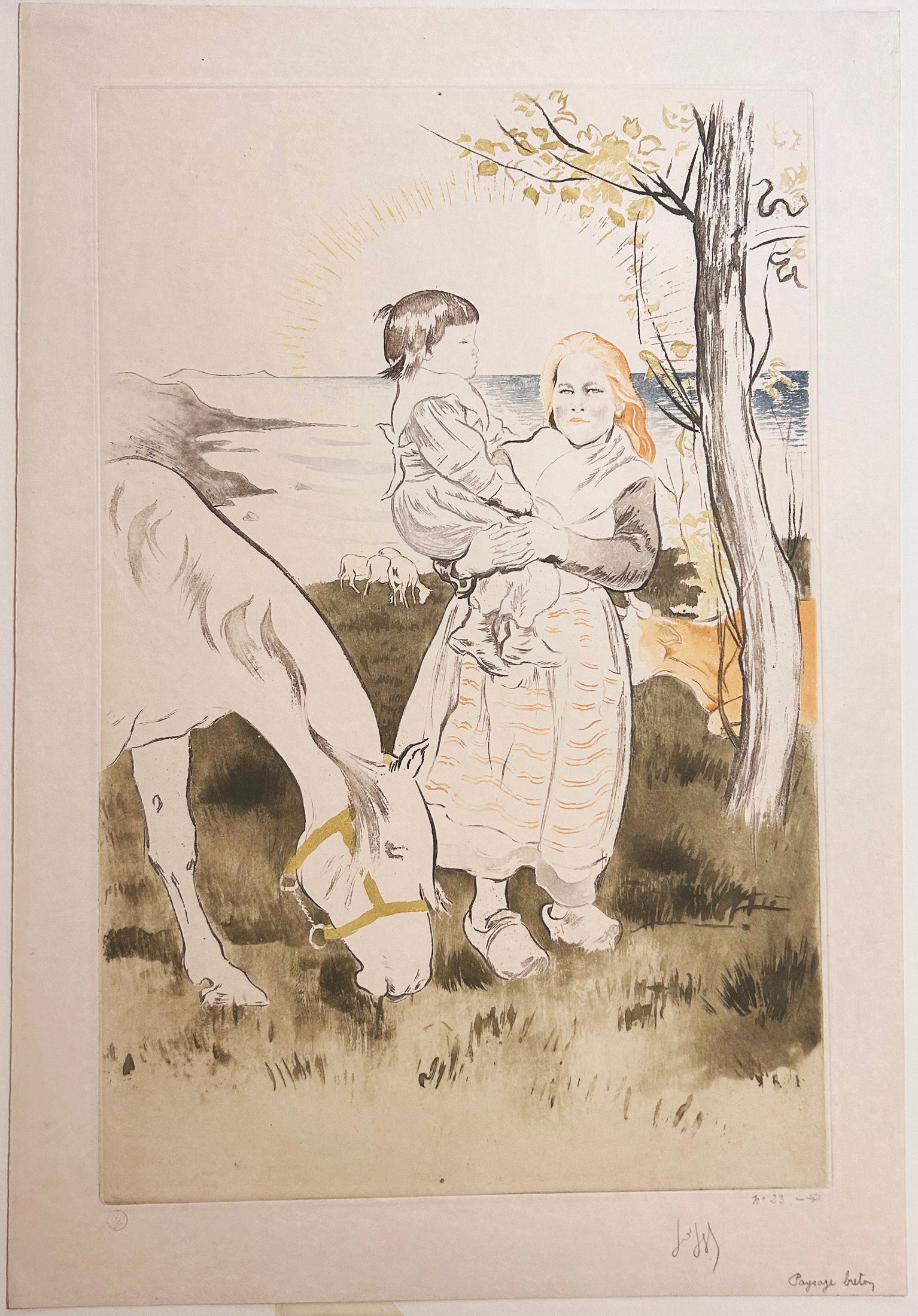 Bergère un enfant dans les bras.(Paysage Breton).