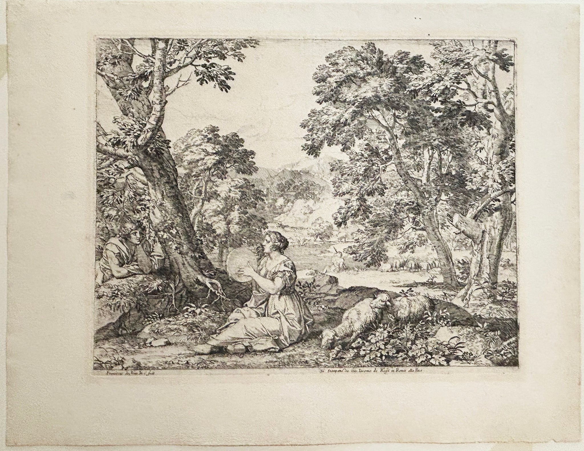 Femme assise, jouant du tambour de basque, et un berger.