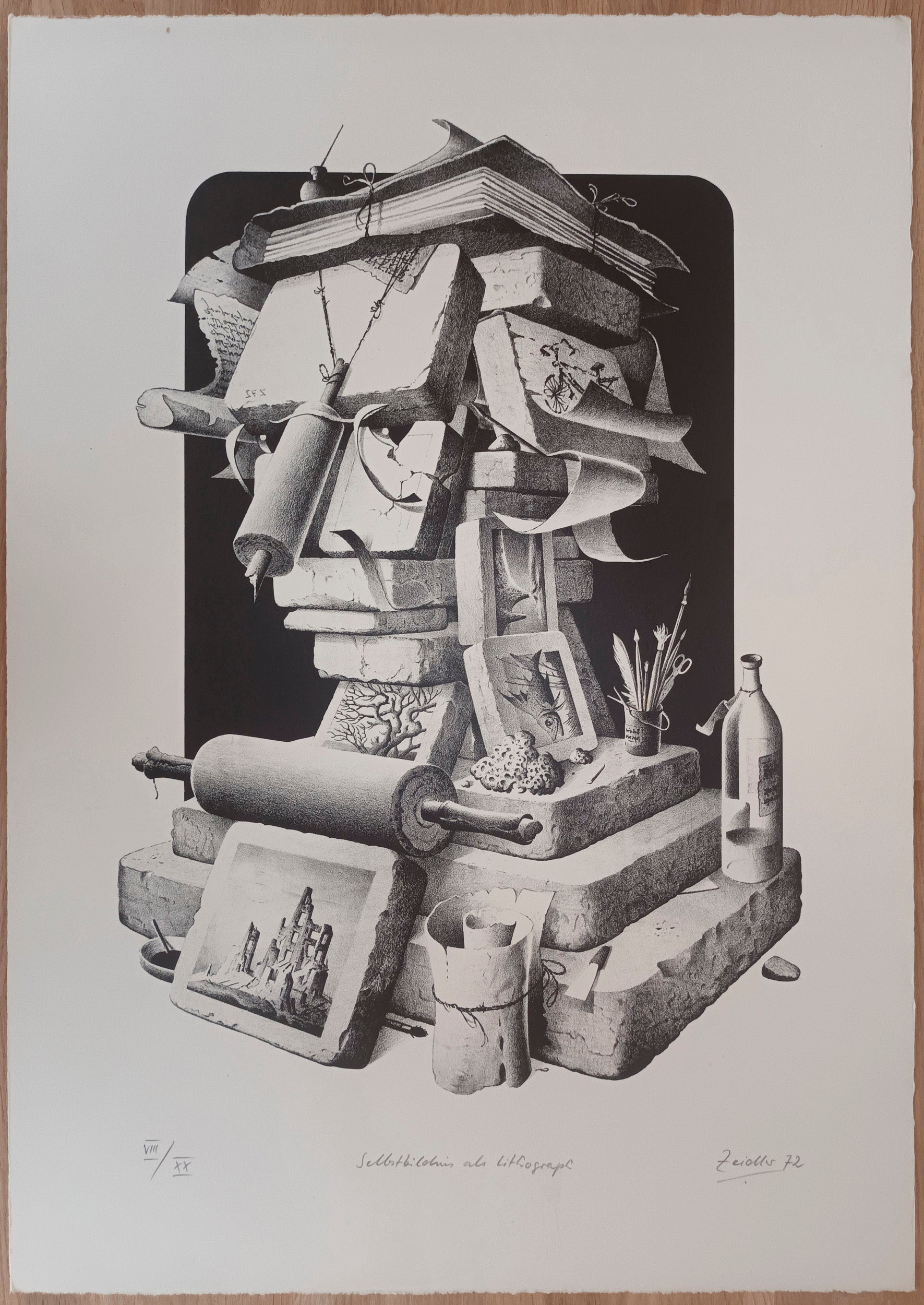 Selbstbildnis als litographie (Les attributs de la lithographie). 1972.