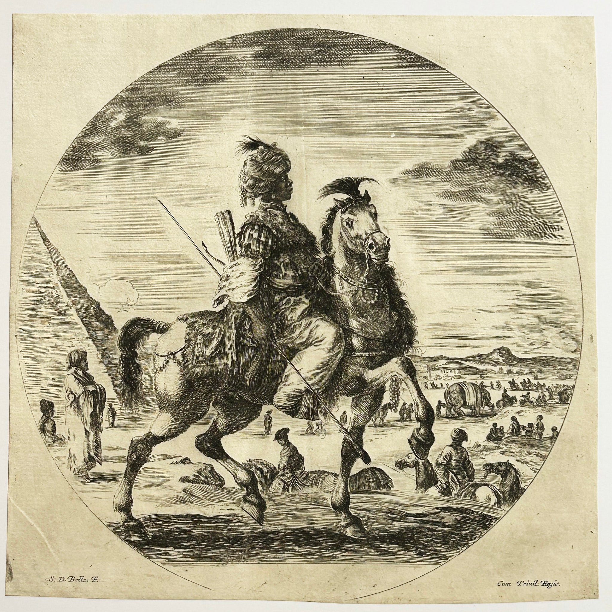 Un cavalier nègre, allant vers la droite, revêtu d'une peau de tigre.