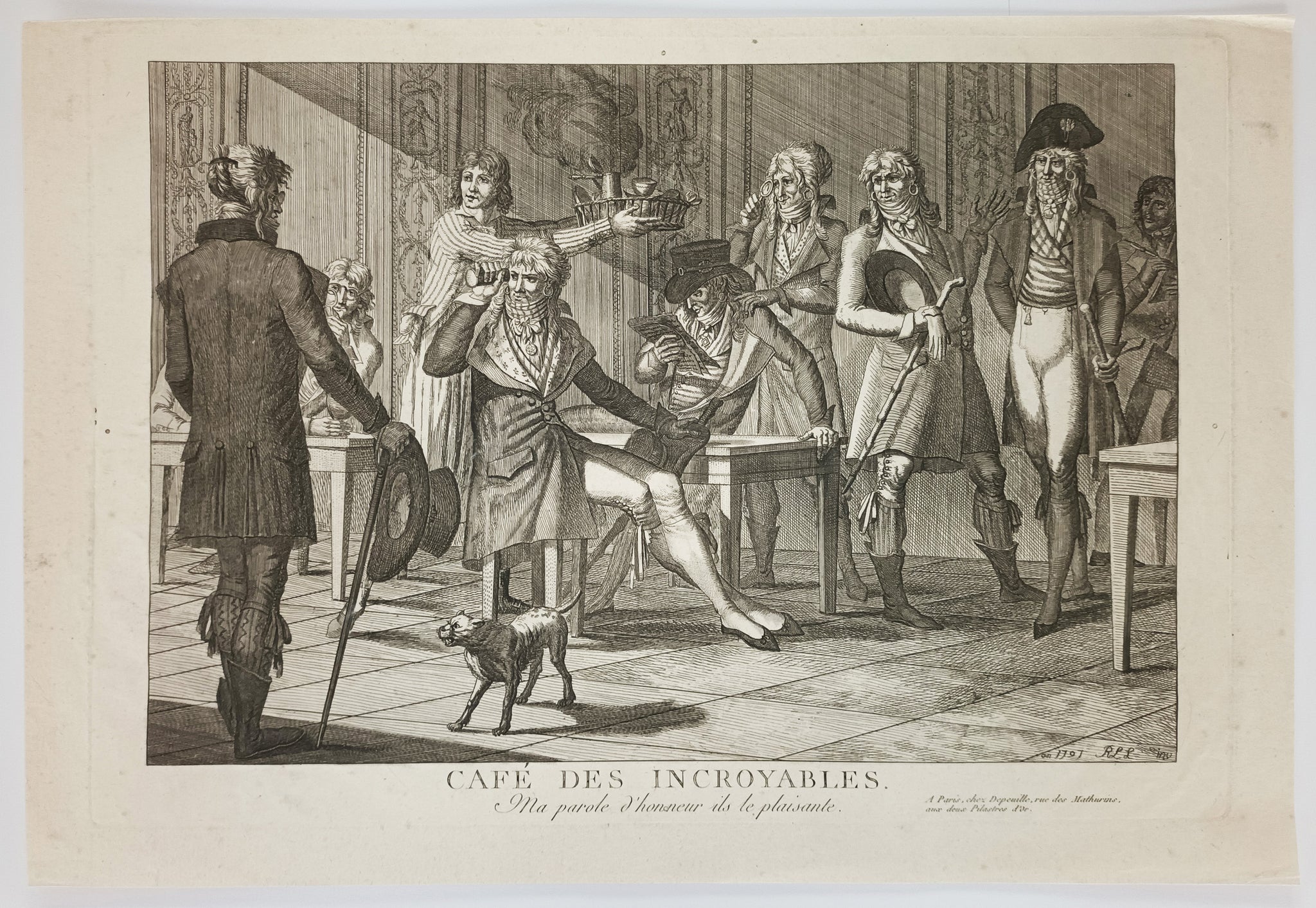 Café des Incroyables. Ma parole d’honneur ils le plaisante. 1797.