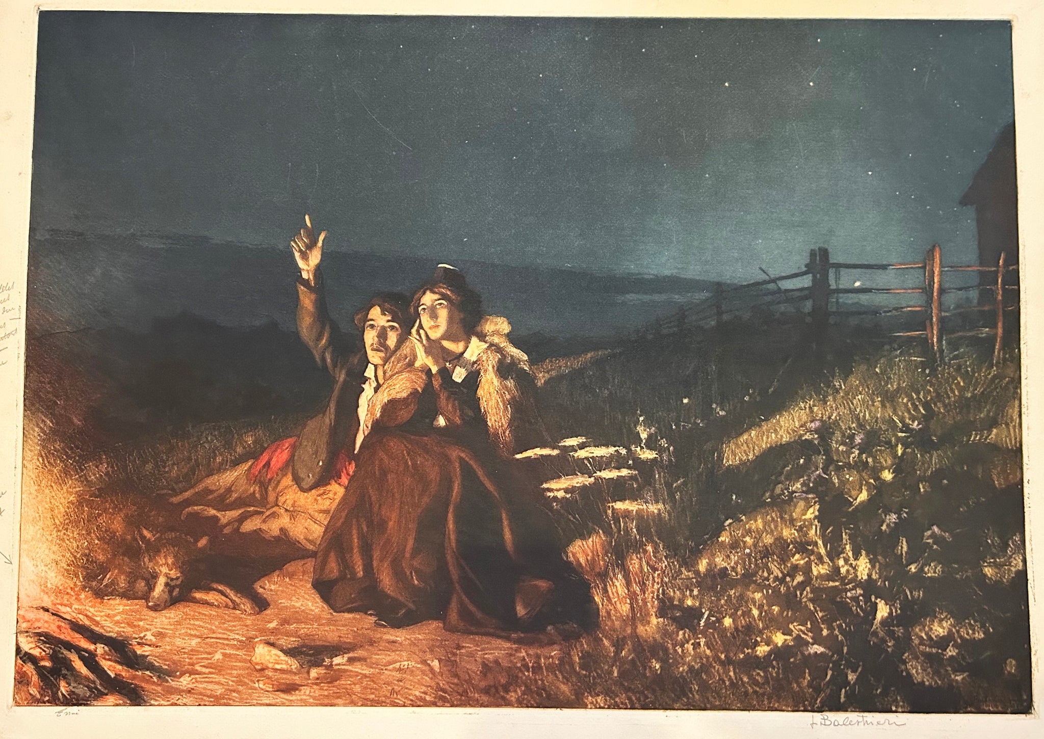 Couple près d'un feu, dans les champs.