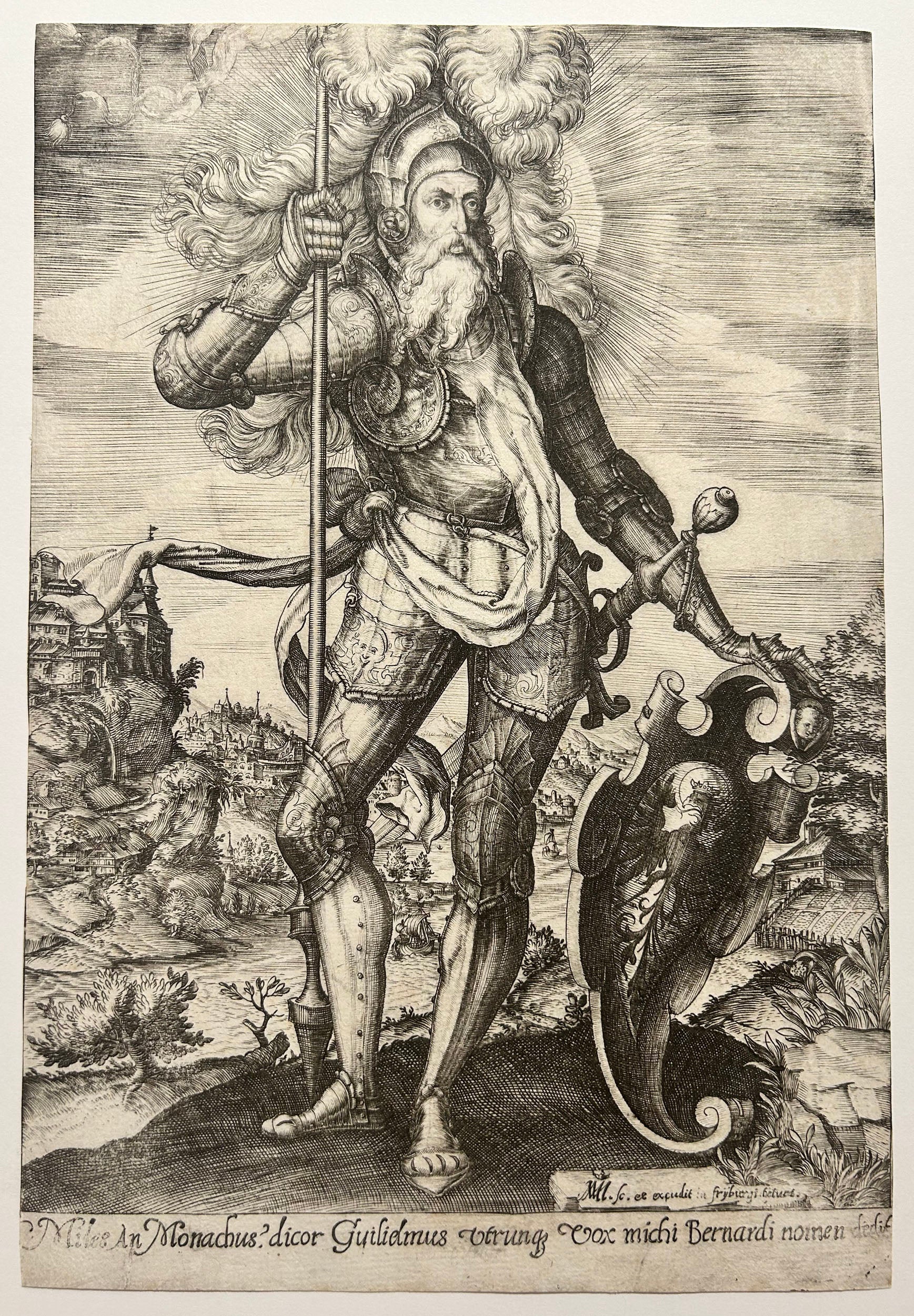 Saint Guillaume d'Aquitaine en armure portant un étendard dans sa main droite et posant sa main gauche sur un bouclier. c.1581–1610.