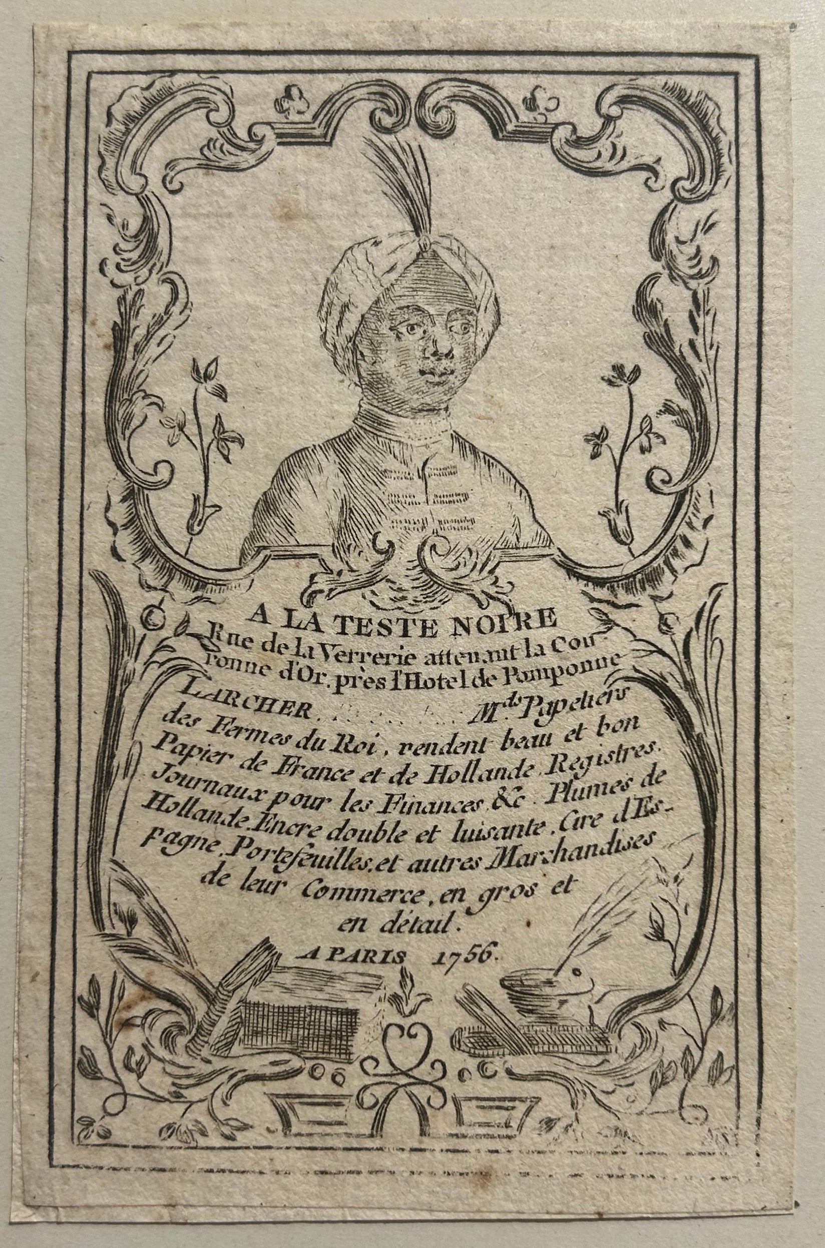 Carte de visite de Larcher, marchand papetier du roi, A la tête noire, rue de la Verrerie. 1756.