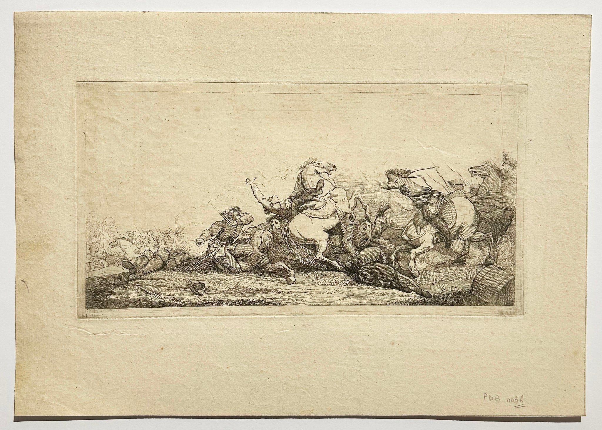 Bataille avec un cavalier renversé de son cheval qui se cabre. 1779.