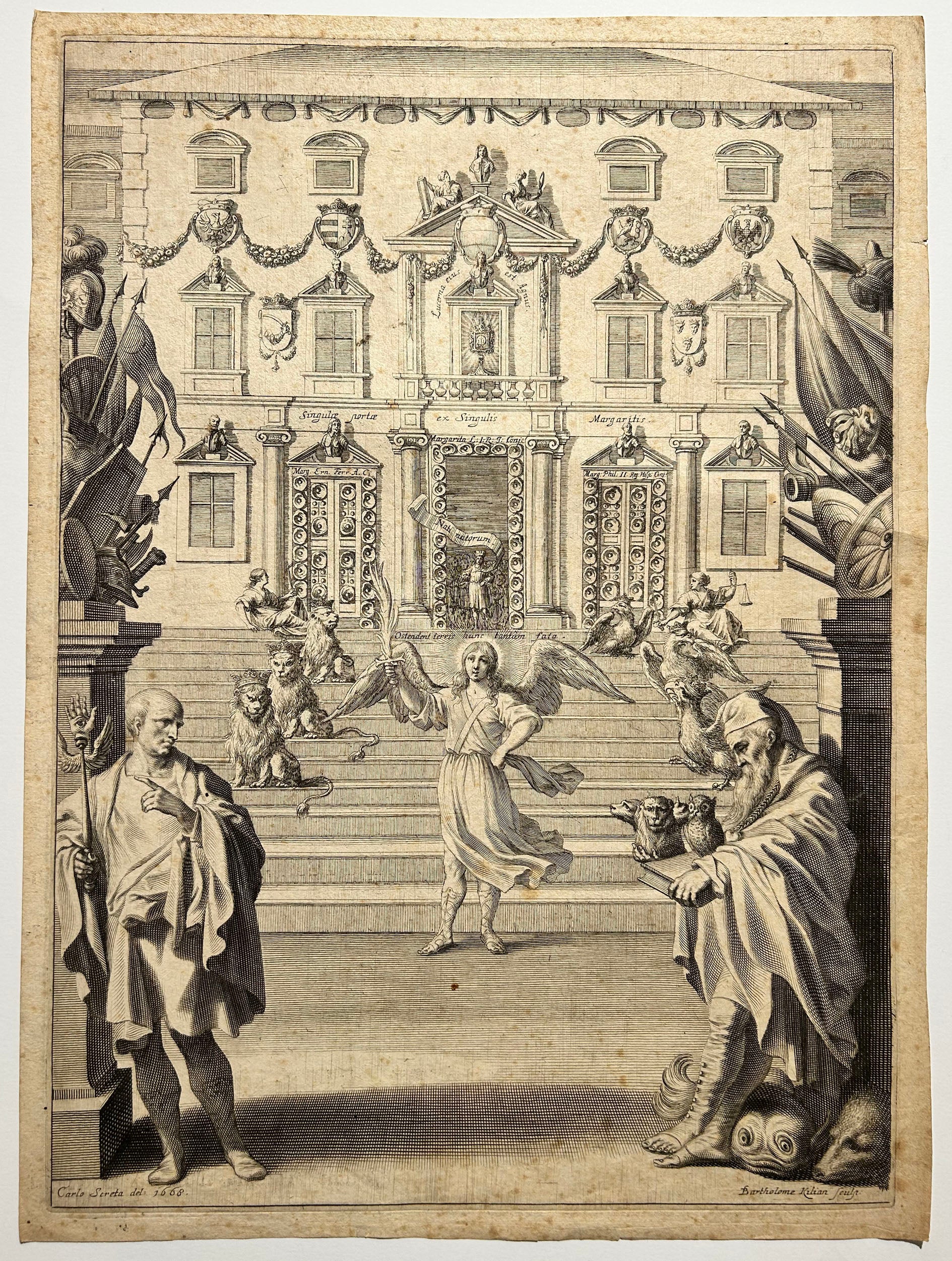 KILIAN Bartholomäus. La maison de la famille Habsbourg accompagnée des signes de ses propriétés. Allégorie. 1668. Gravure au burin.