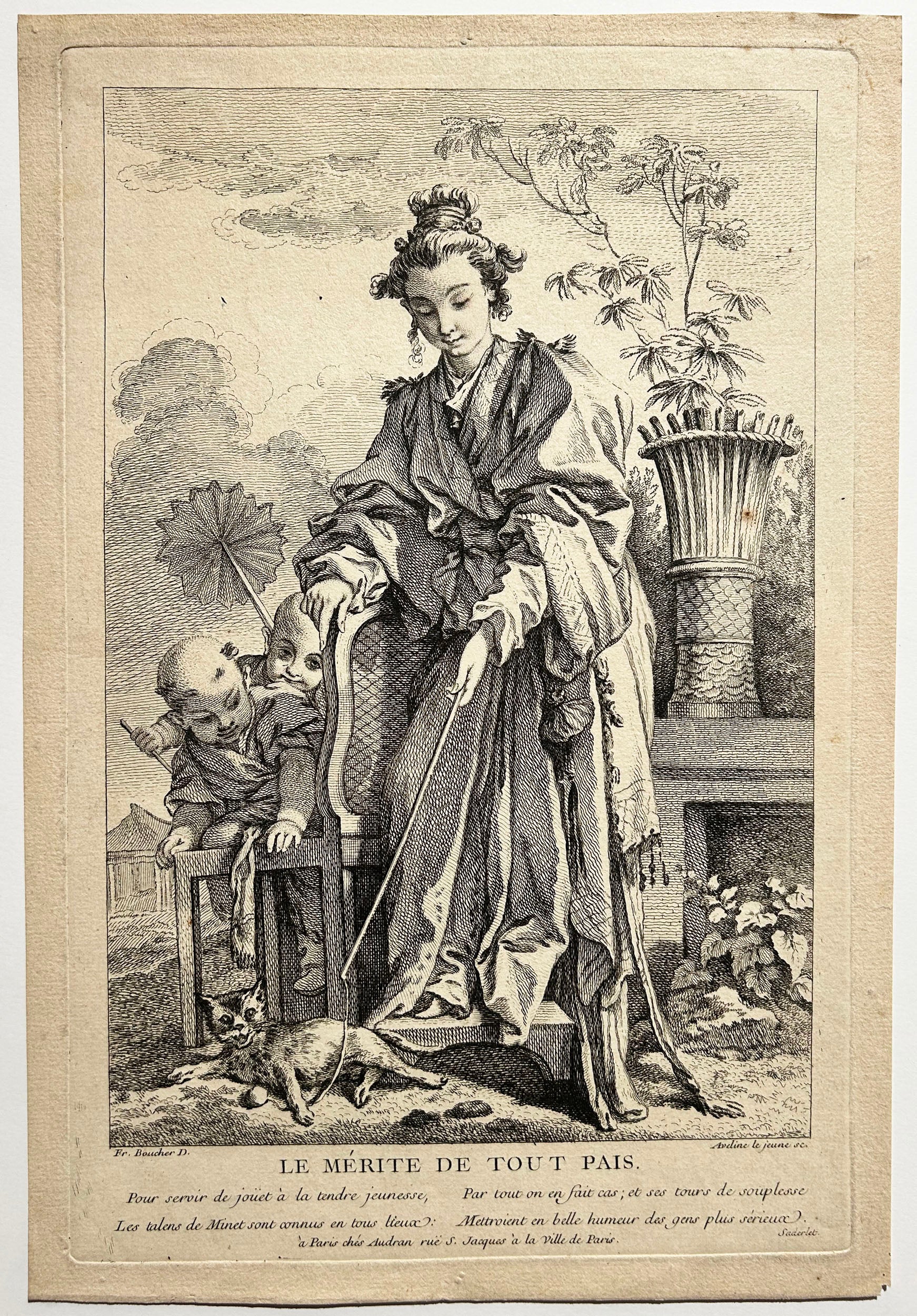 François BOUCHER (d'après). Le Mérite de tout pays. Eau-forte gravée par Aveline.