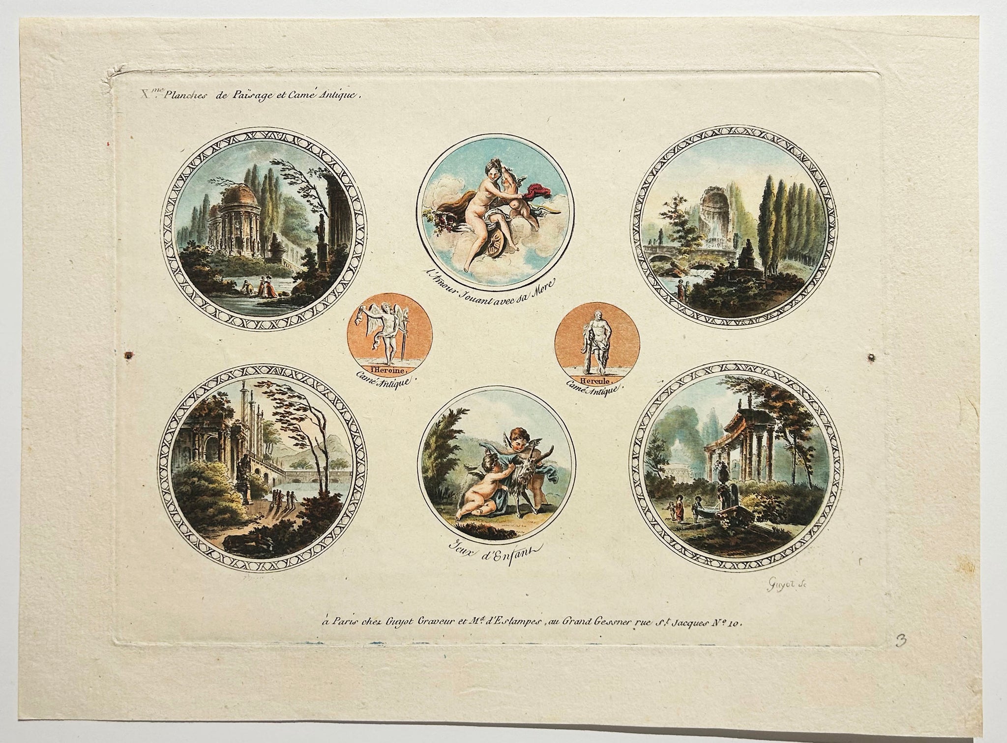 Laurent GUYOT Xème planches de Païsage et Camé antique. c.1790. Eau-forte imprimée en couleurs au repérage