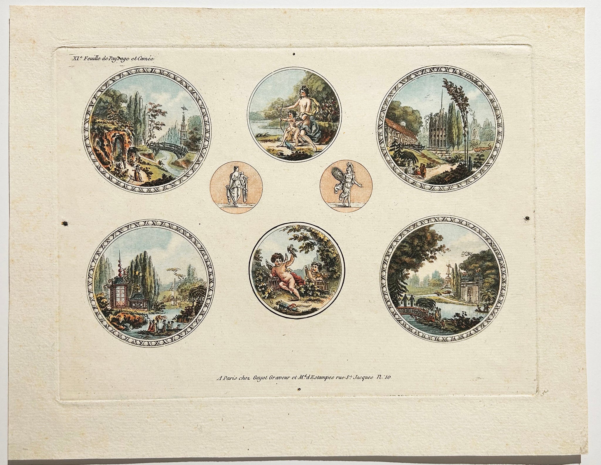 Laurent GUYOT XIème feuille de Paysage et Camée. c.1790. Eau-forte imprimée en couleurs au repérage