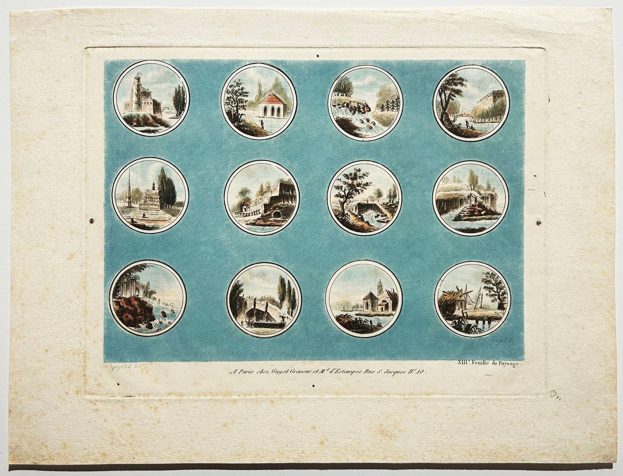 Laurent GUYOT XIIIème feuille de Paysages. c.1790. Eau-forte imprimée en couleurs au repérage.