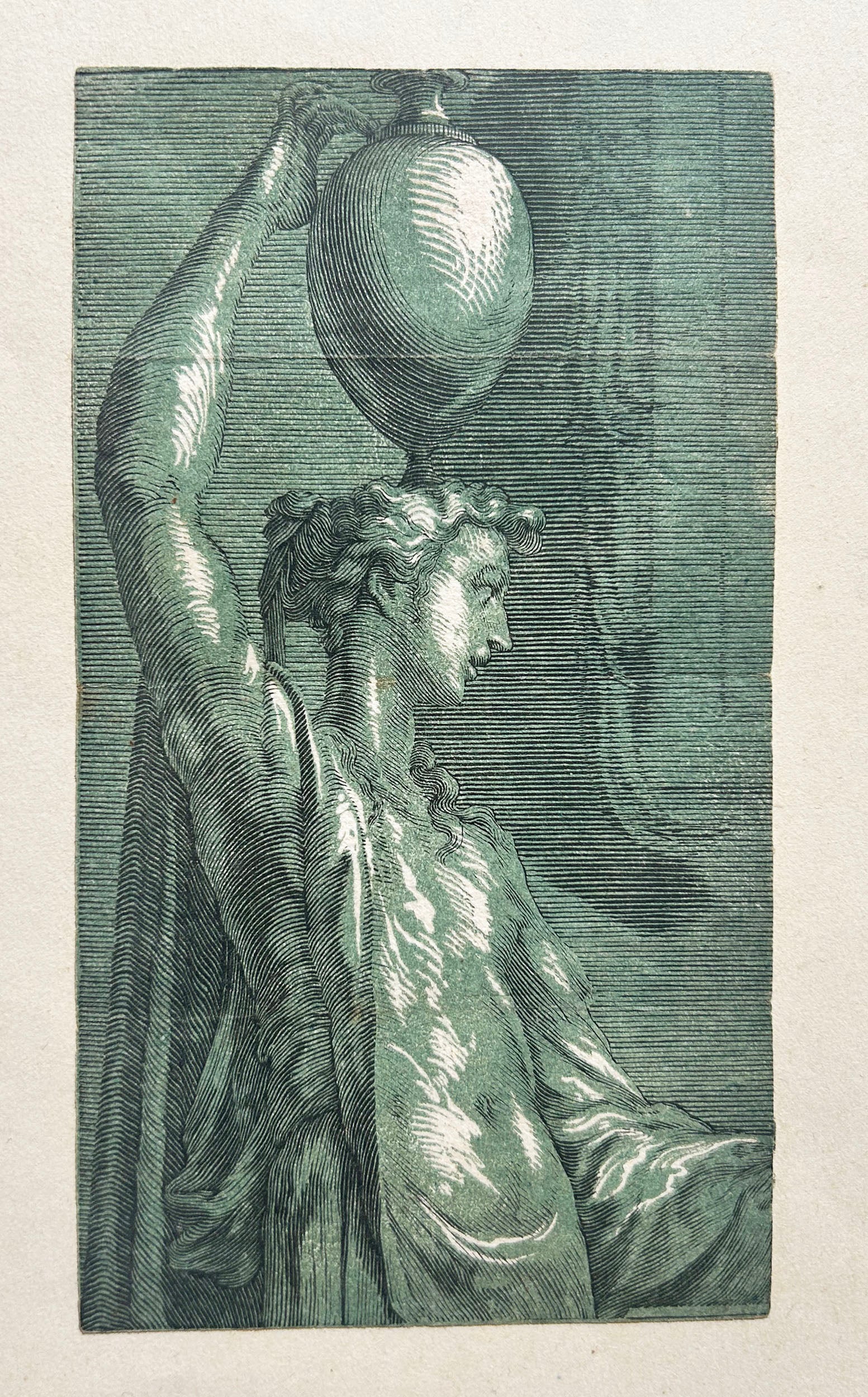 John Baptist JACKSON Canéphore. Une femme en robe classique debout, le bras droit levé pour stabiliser un pot sur sa tête.  1731. Gravure sur bois en clair-obscur imprimée à partir de deux blocs en vert et noir