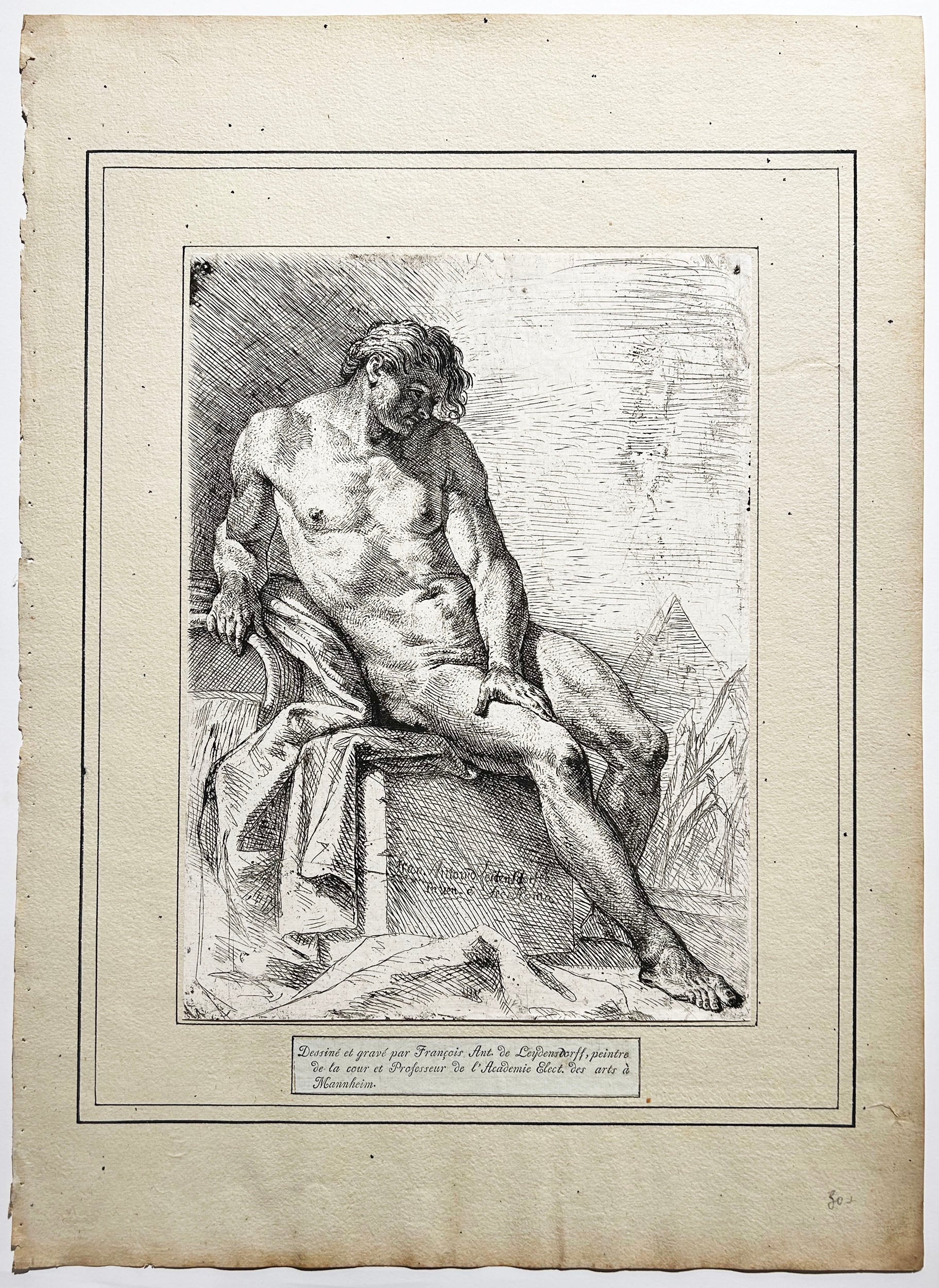 Nu masculin assis. Figure académique d'homme.  1742.