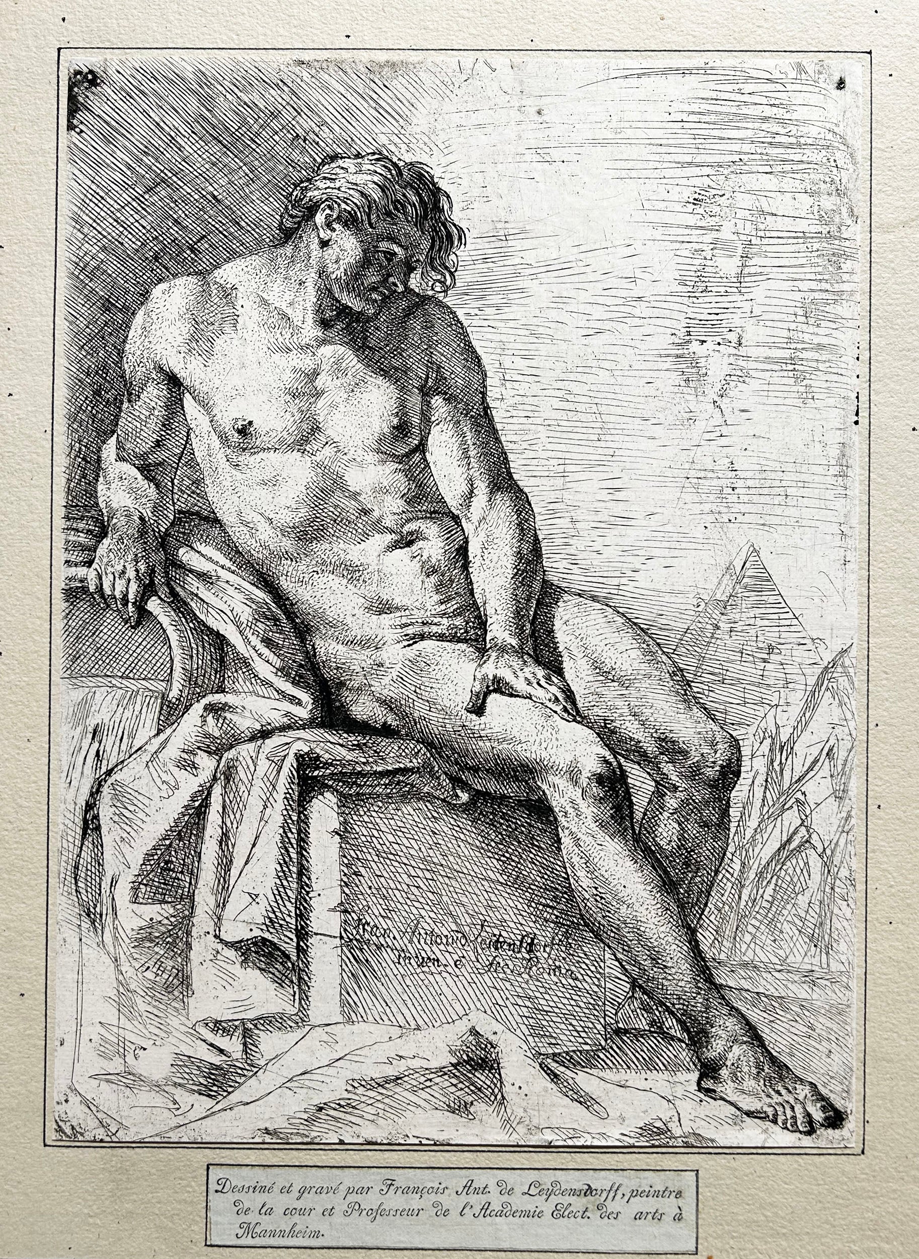 LEIDENSDORF Nu masculin assis. Figure académique d'homme.  1742. Gravure.