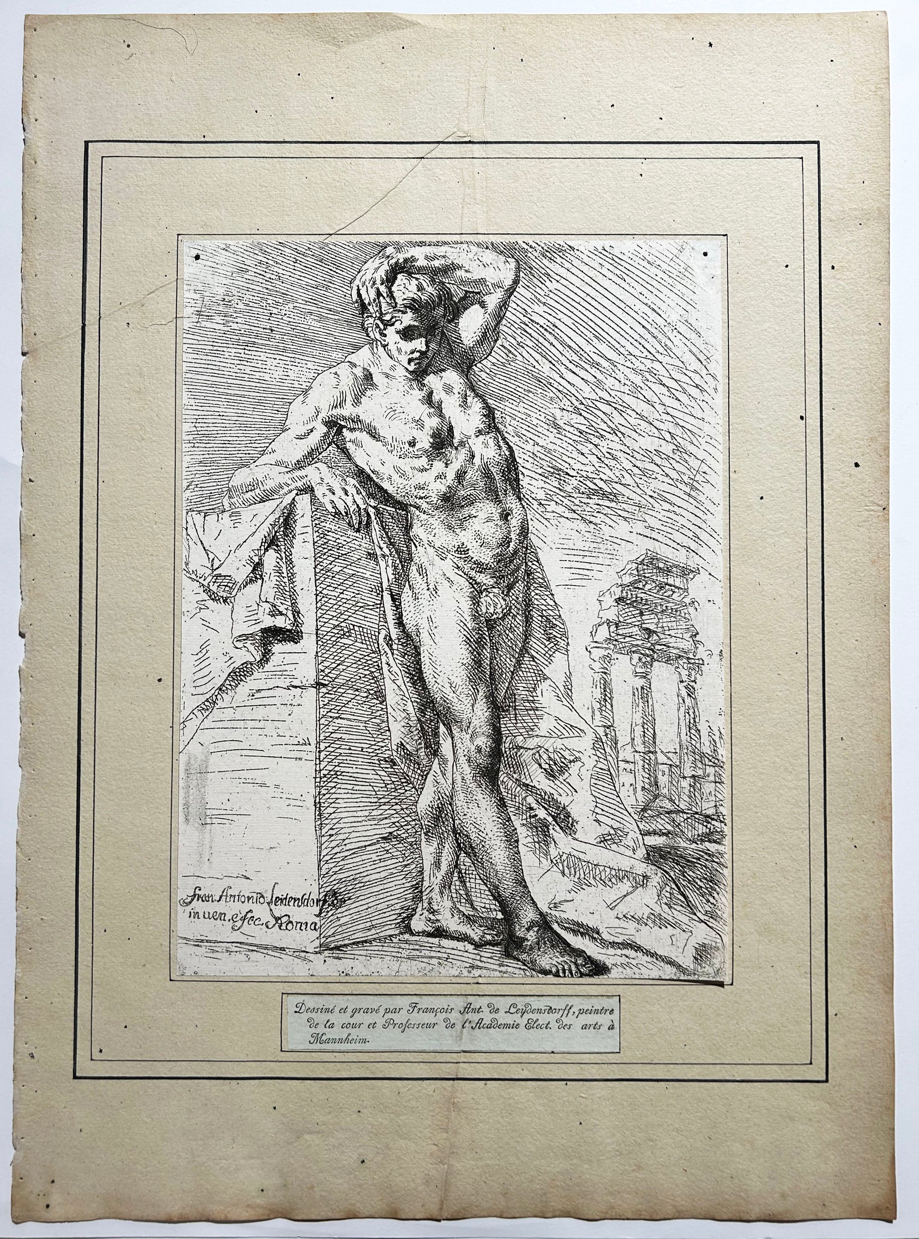 LEIDENSDORF Nu masculin debout. Figure académique d'homme.  1742. Gravure.