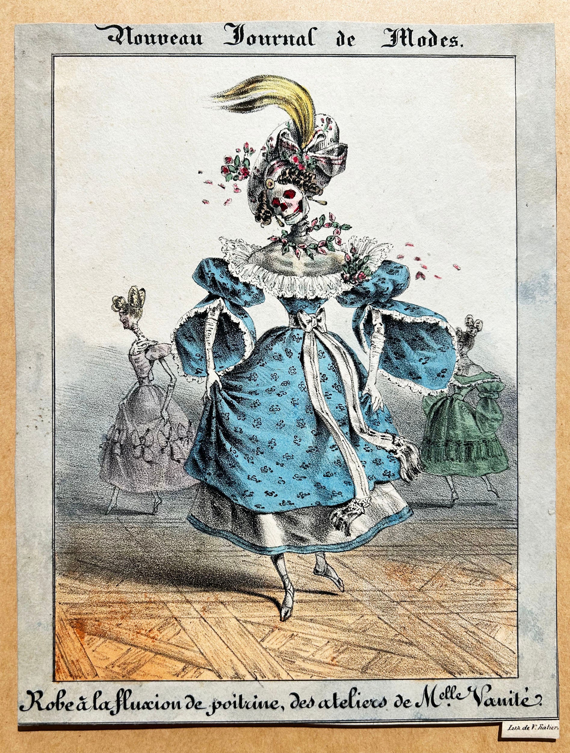 Charles PHILIPON Robe à la fluxion de poitrine, des ateliers de Melle Vanité (La robe pneumonie de la boutique Miss Vanity). c.1830-1831. Lithographie.