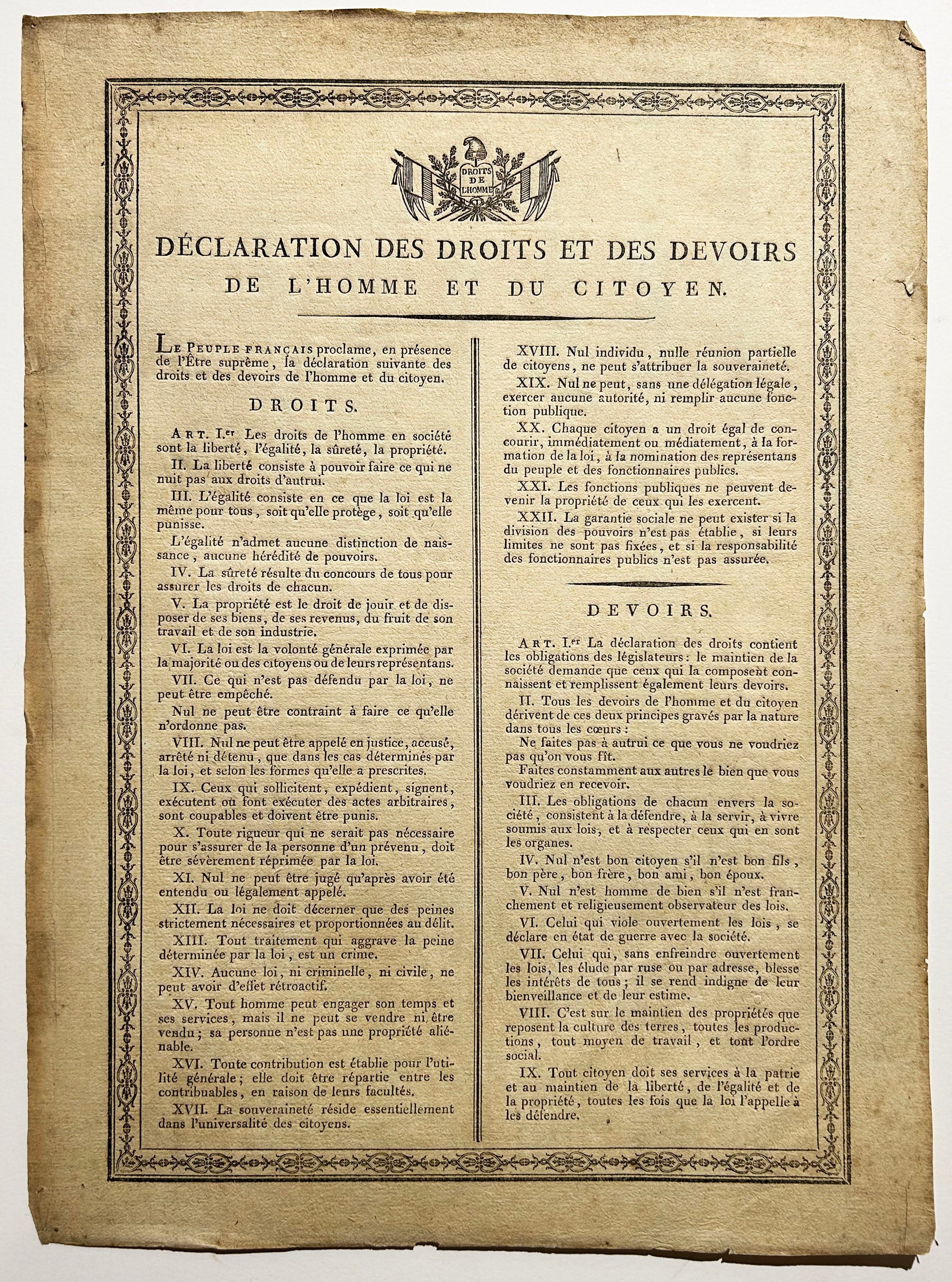 Déclaration des Droits et des Devoirs de l'Homme et du Citoyen.  c.1795.
