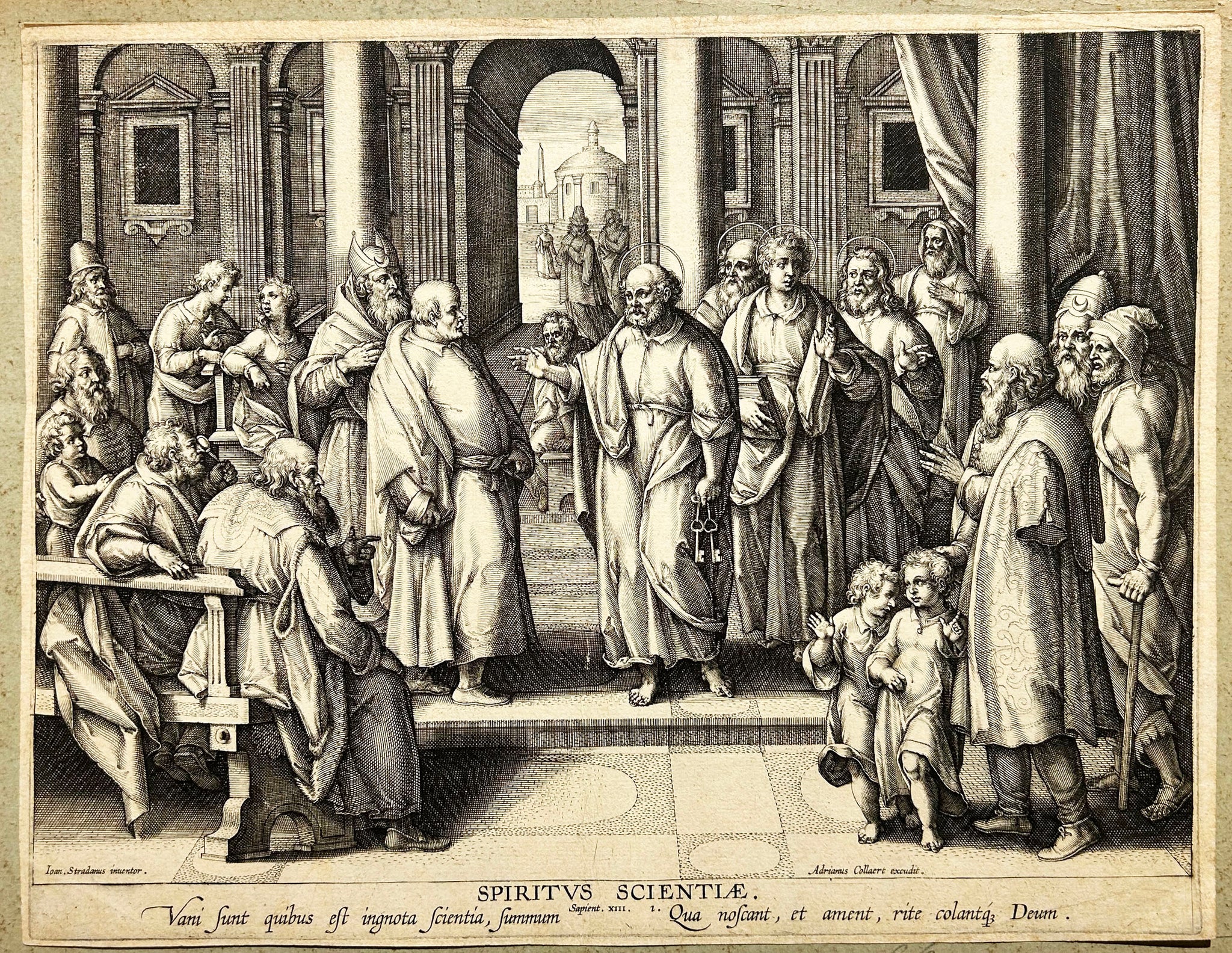 STRADANUS Esprit de science (Spiritus Scientiae). Pierre et Jean devant le Haut Conseil.  c.1595. Burin.