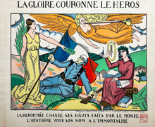 Charger l'image dans la galerie, André LHOTE La Gloire couronne le Héros (Alain Fournier). La Renommée chante ses hauts faits par le monde, l'Histoire vous son nom à l'Immortalité.  1914. Bois gravé en couleurs.
