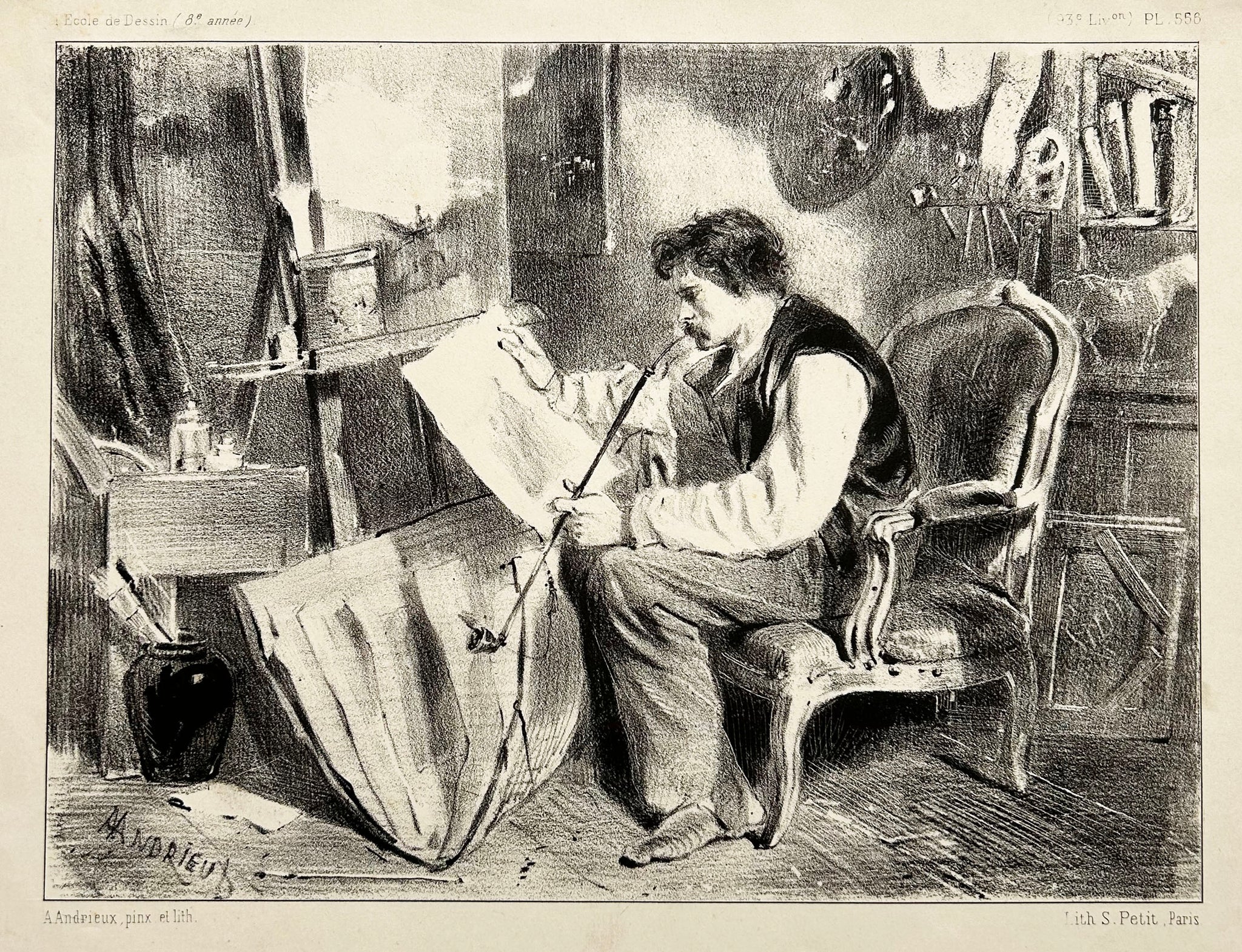 ANDRIEUX Clément-Auguste L'amateur (Autoportrait à la pipe). Lithographie.