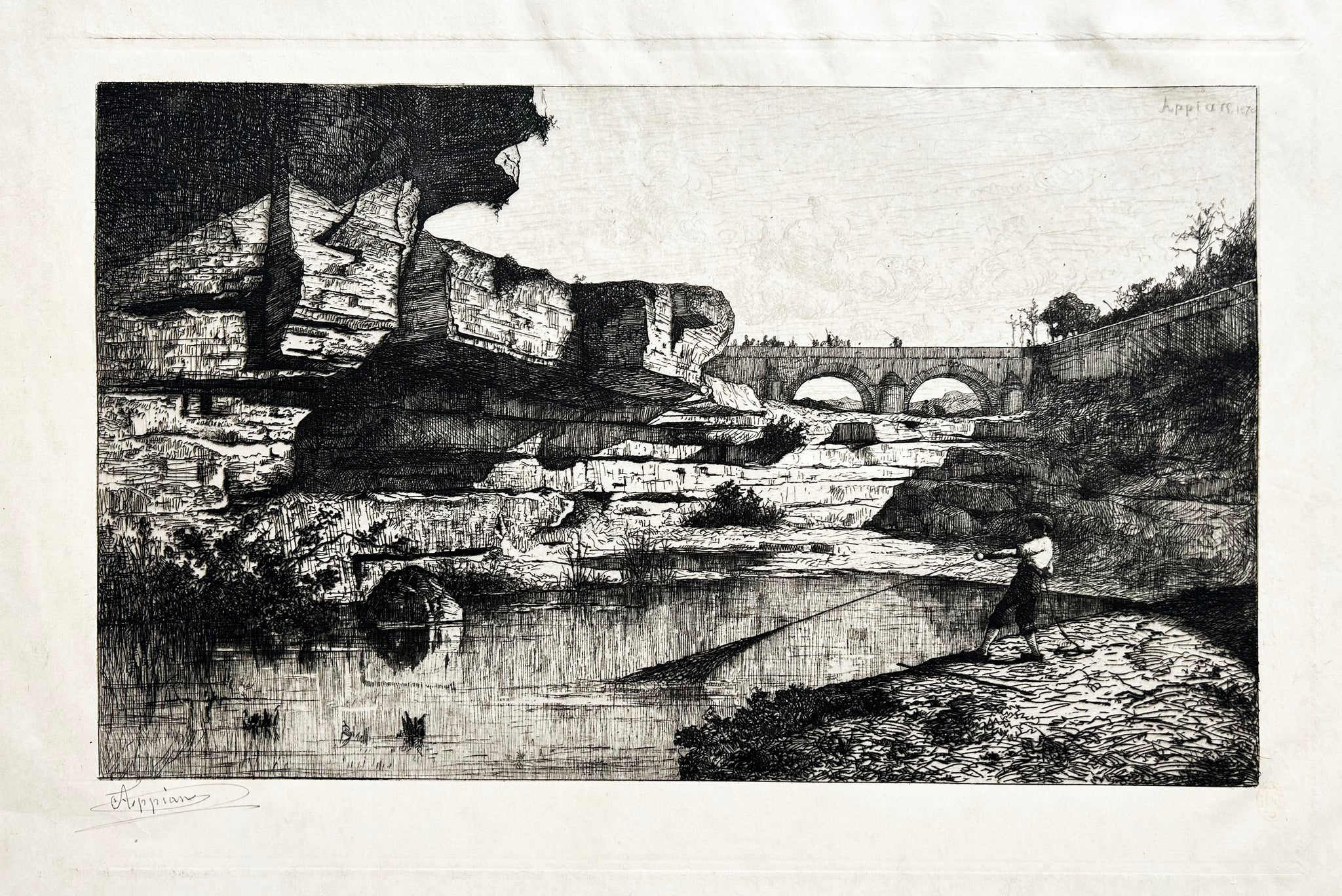 Adolphe APPIAN Le pont de Hauteville (grande planche).  1870. Gravure originale signée par l'artiste.