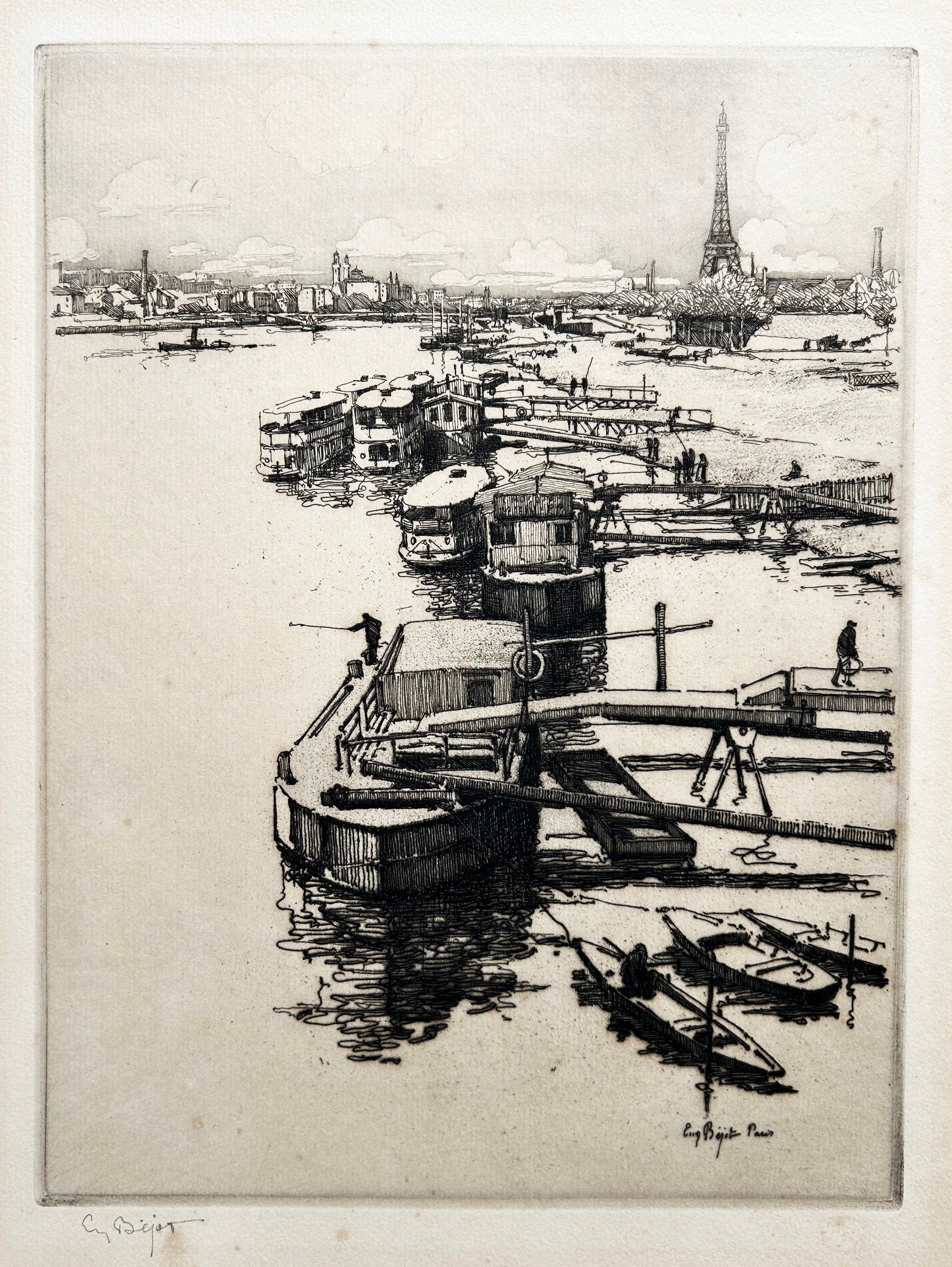 Eugène BEJOT Auteuil (le quai de Javel, avec le ponton de réparation des bateaux omnibus; au fond le pont Mirabeau et la Tour Eiffel).  1904-1913. Gravure originale signée par l'artiste.