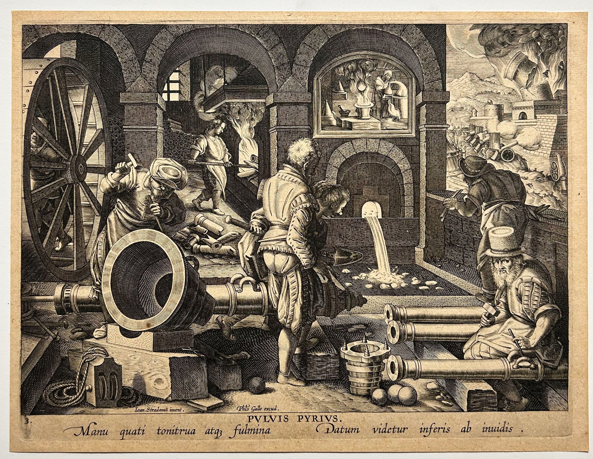 Jan van der STRADANUS Pulvis Pyrius (Invention de la poudre à canon).  c.1591. Gravure.