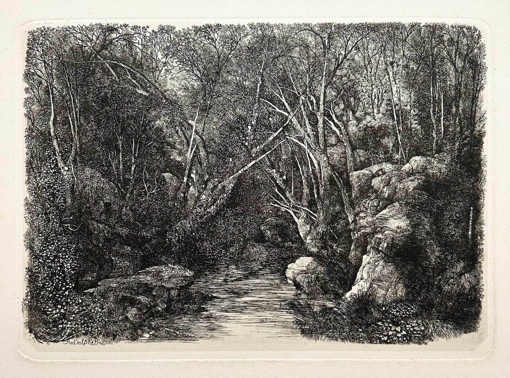 Rodolphe BRESDIN Le ruisseau sous bois. 1880. Gravure originale.