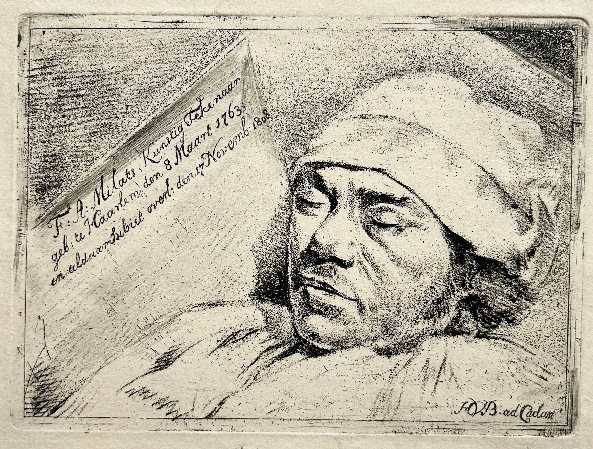 BRÜSSEL Hermanus van Portrait de Franciscus Andreas Milatz sur son lit de mort (Haarlem 1763†1808, peintre et graveur hollandais). c.1808-1810. Gravure originale au vernis mou.