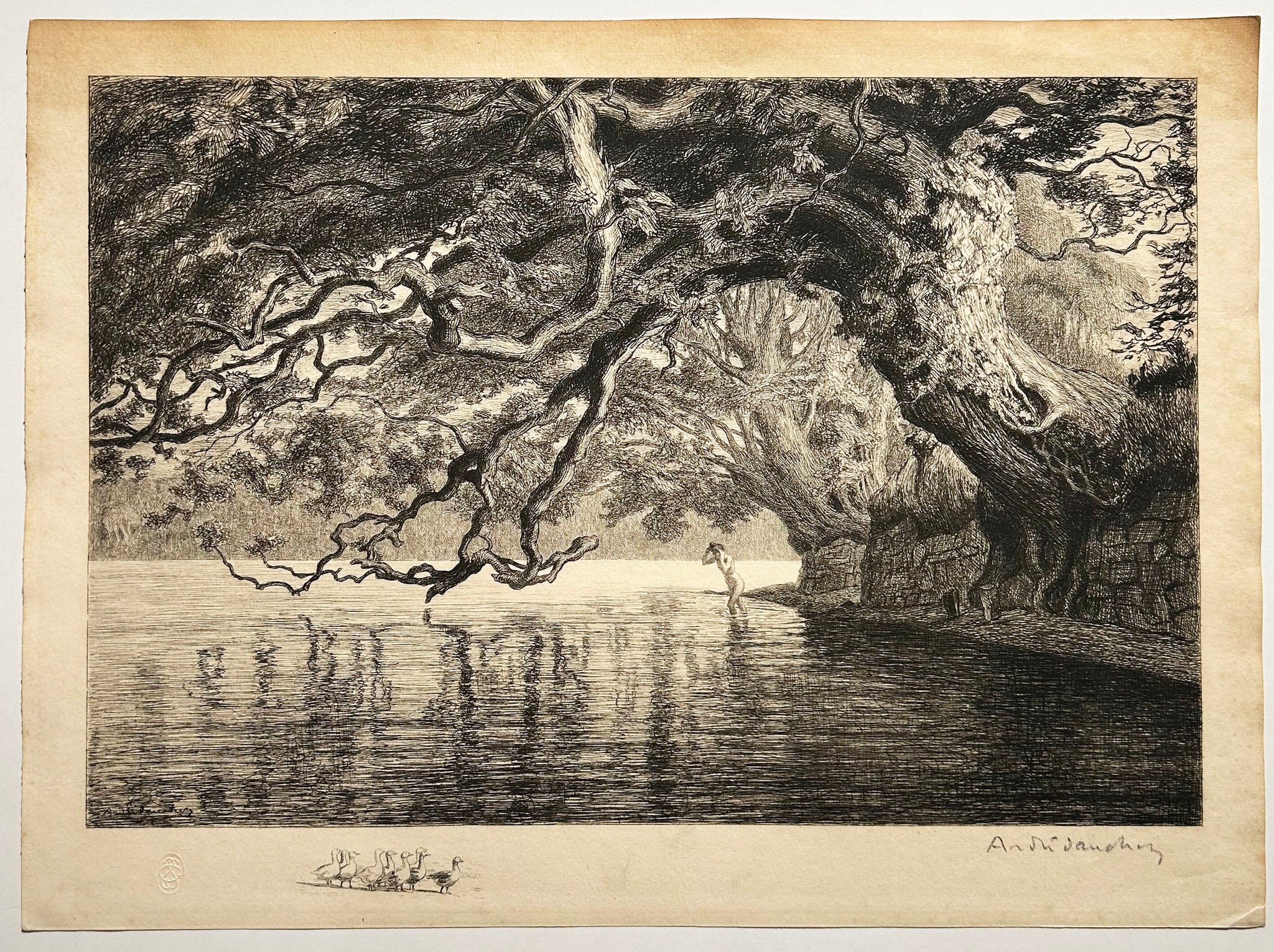 André DAUCHEZ Sous les chênes. Eau-forte originale, signée par l'artiste.