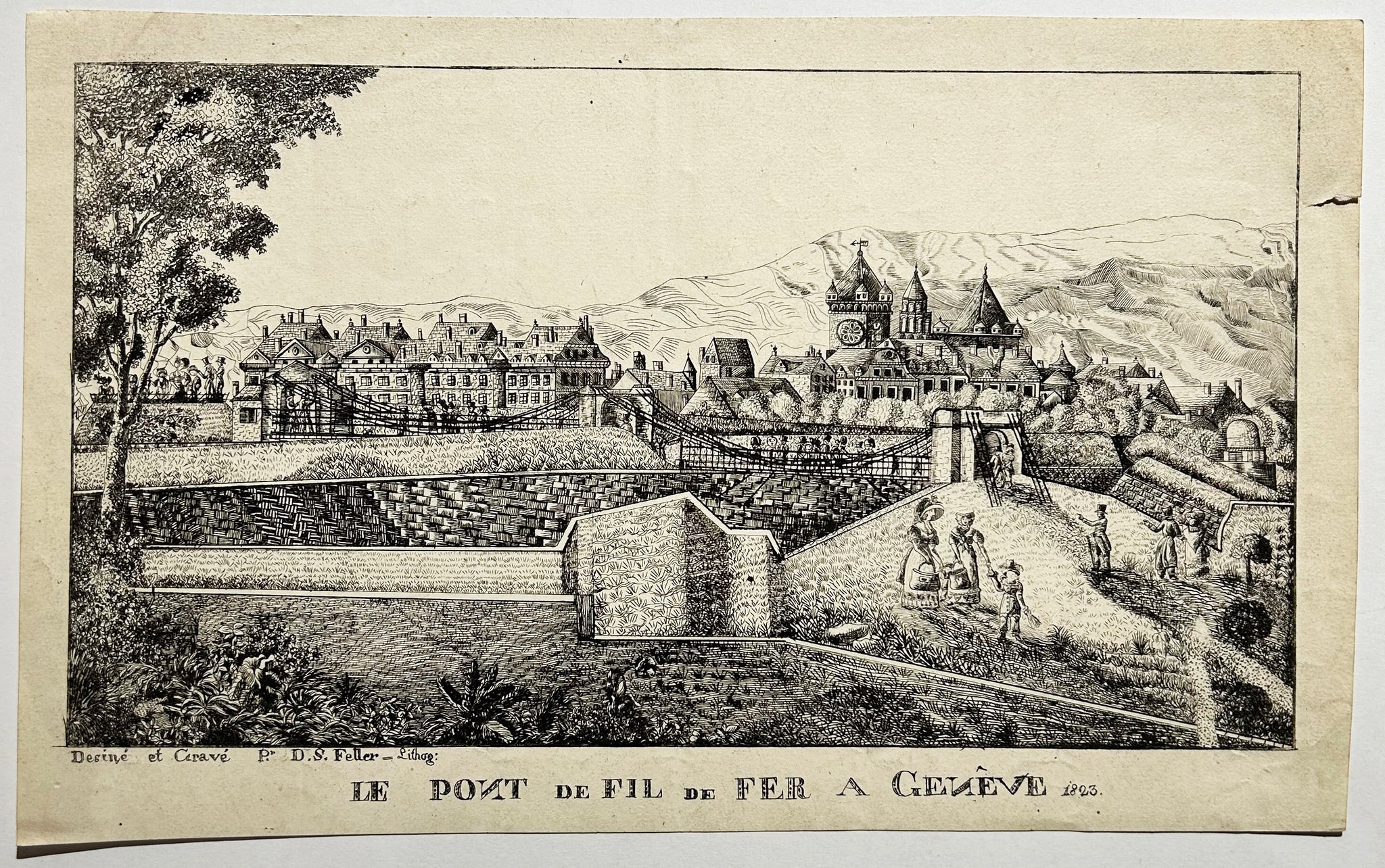 FELLER Le pont de fil de fer à Genève.  1823. Lithographie.