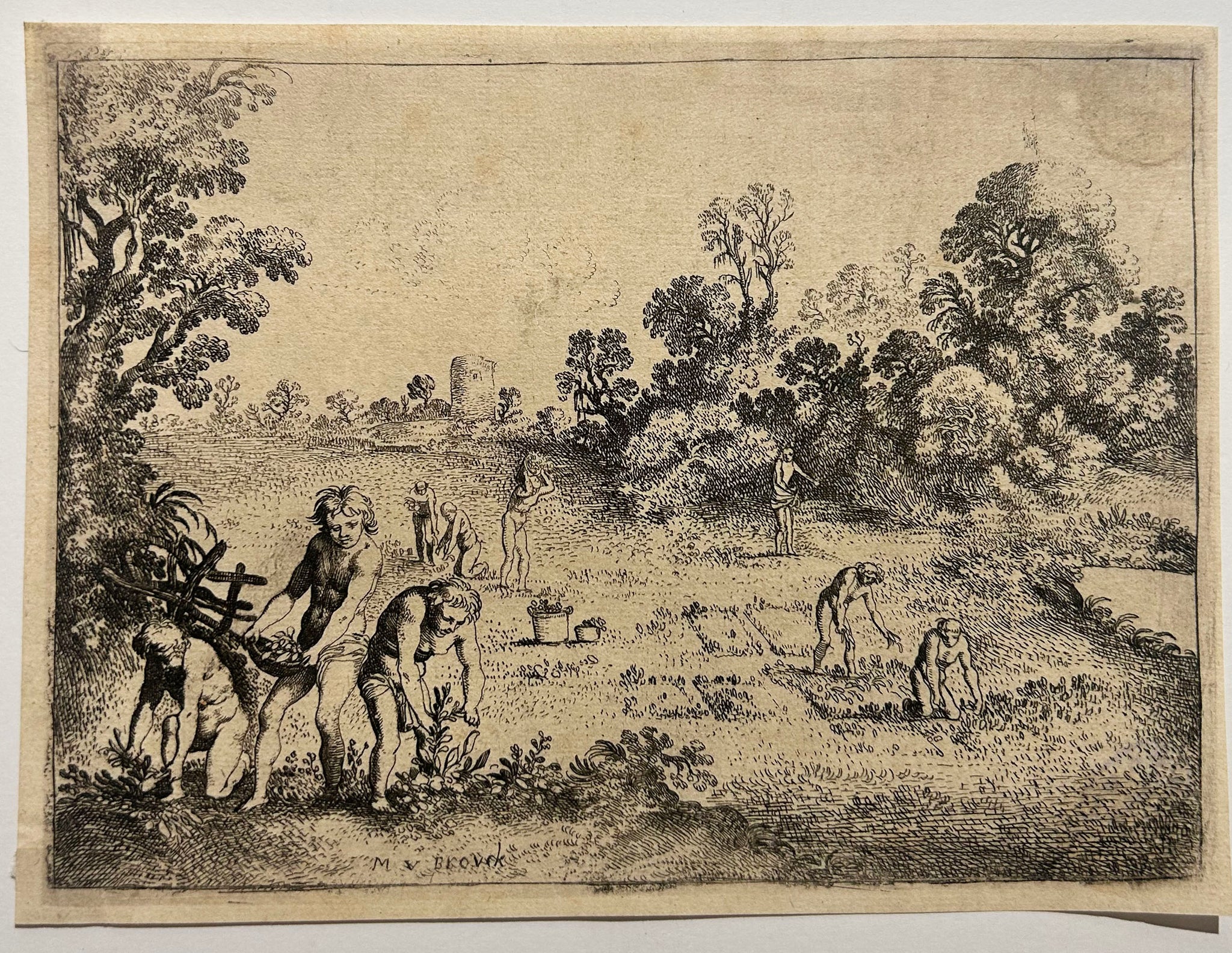 UYTTENBROECK (ou van Wtenbrouck) Moyses van Amérindiens cueillant du tabac. 1622. Eau-forte originale.