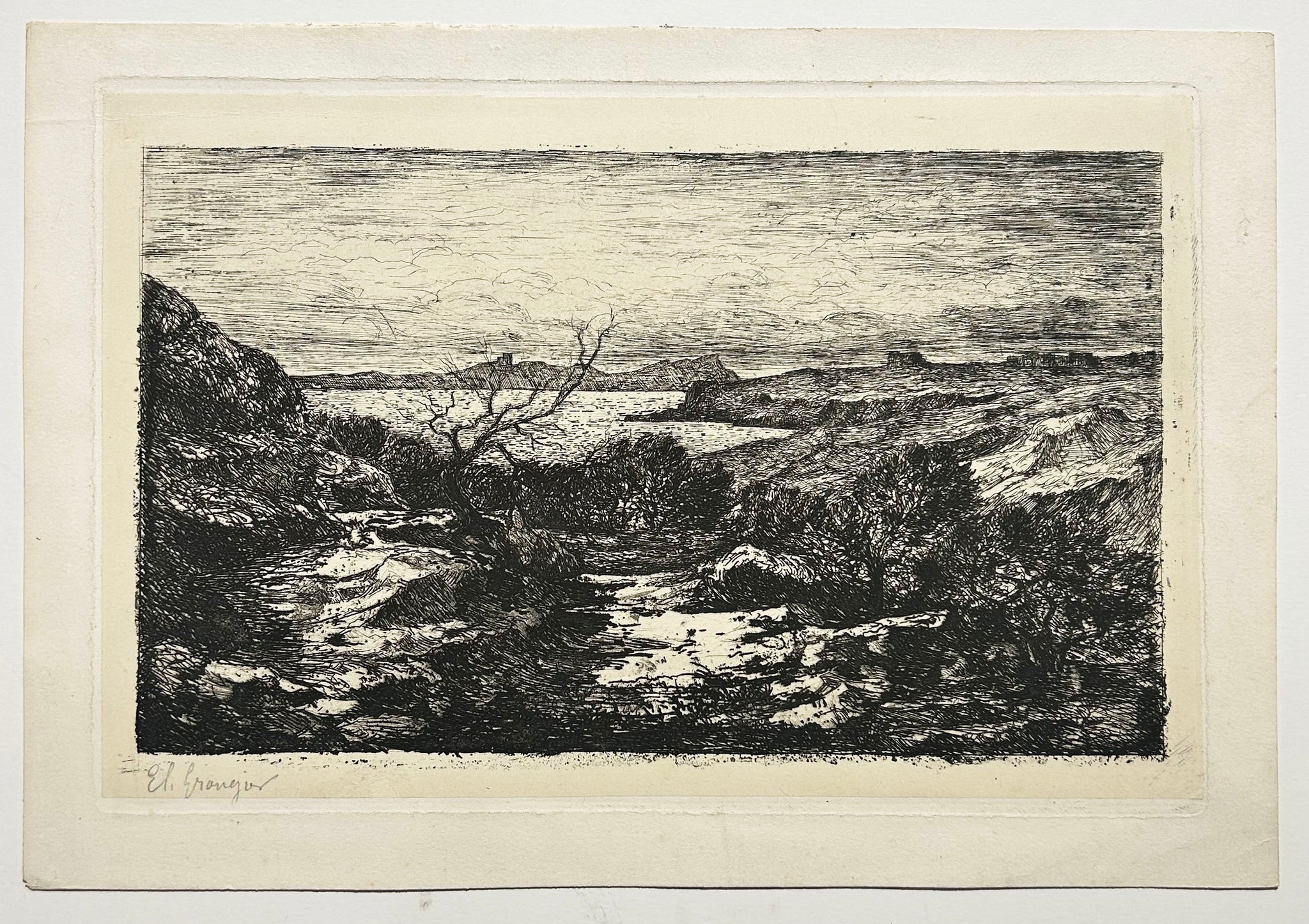 GRANGIER Elysée Paysage escarpé. Eau-forte originale.