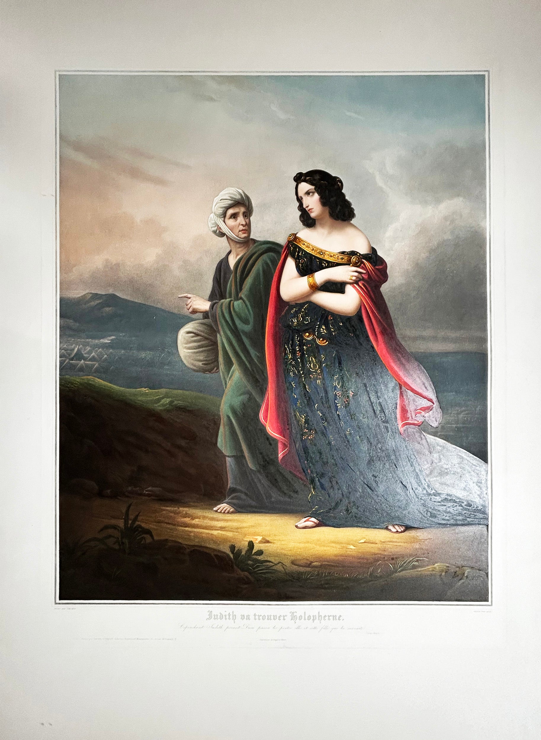 JAZET Judith va trouver Holopherne. Cependant Judith priant Dieu passa les portes, elle et cette fille qui la suivait. 1840. Aquatinte en coloris ancien, sur papier vélin.